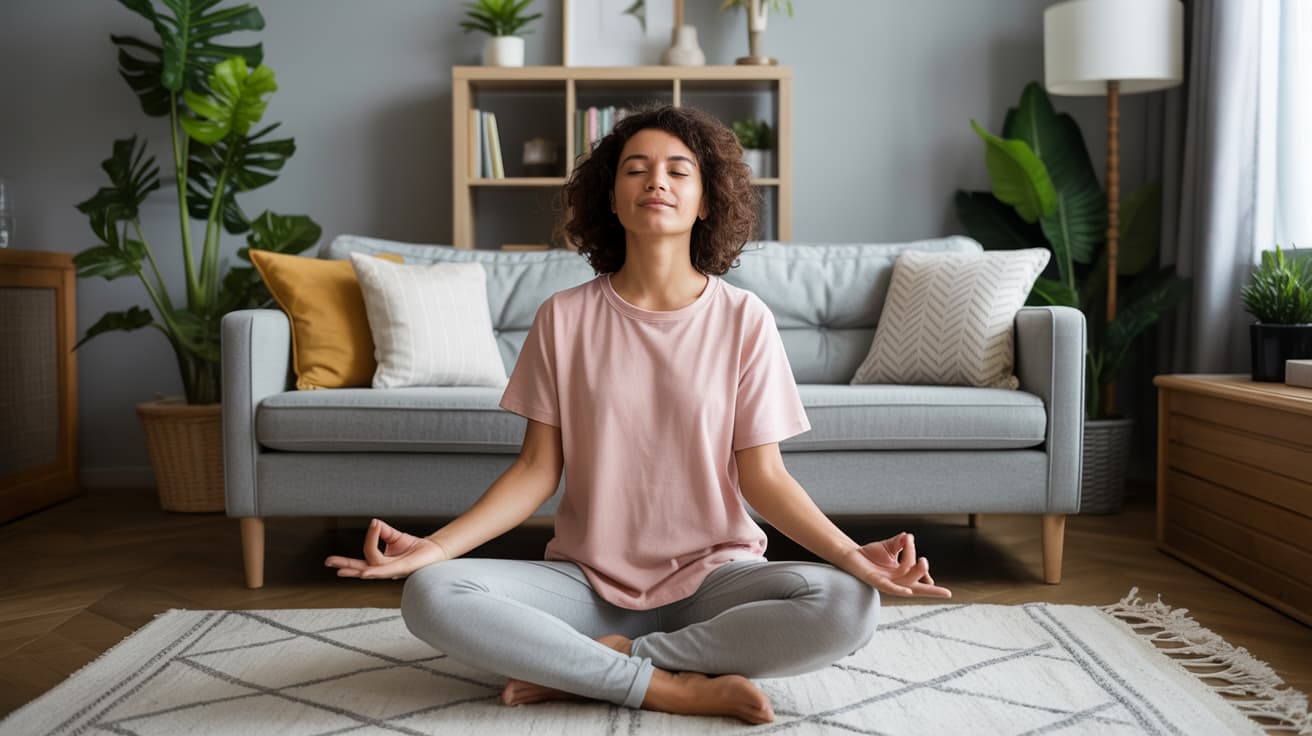 Mujer meditando feliz en su casa