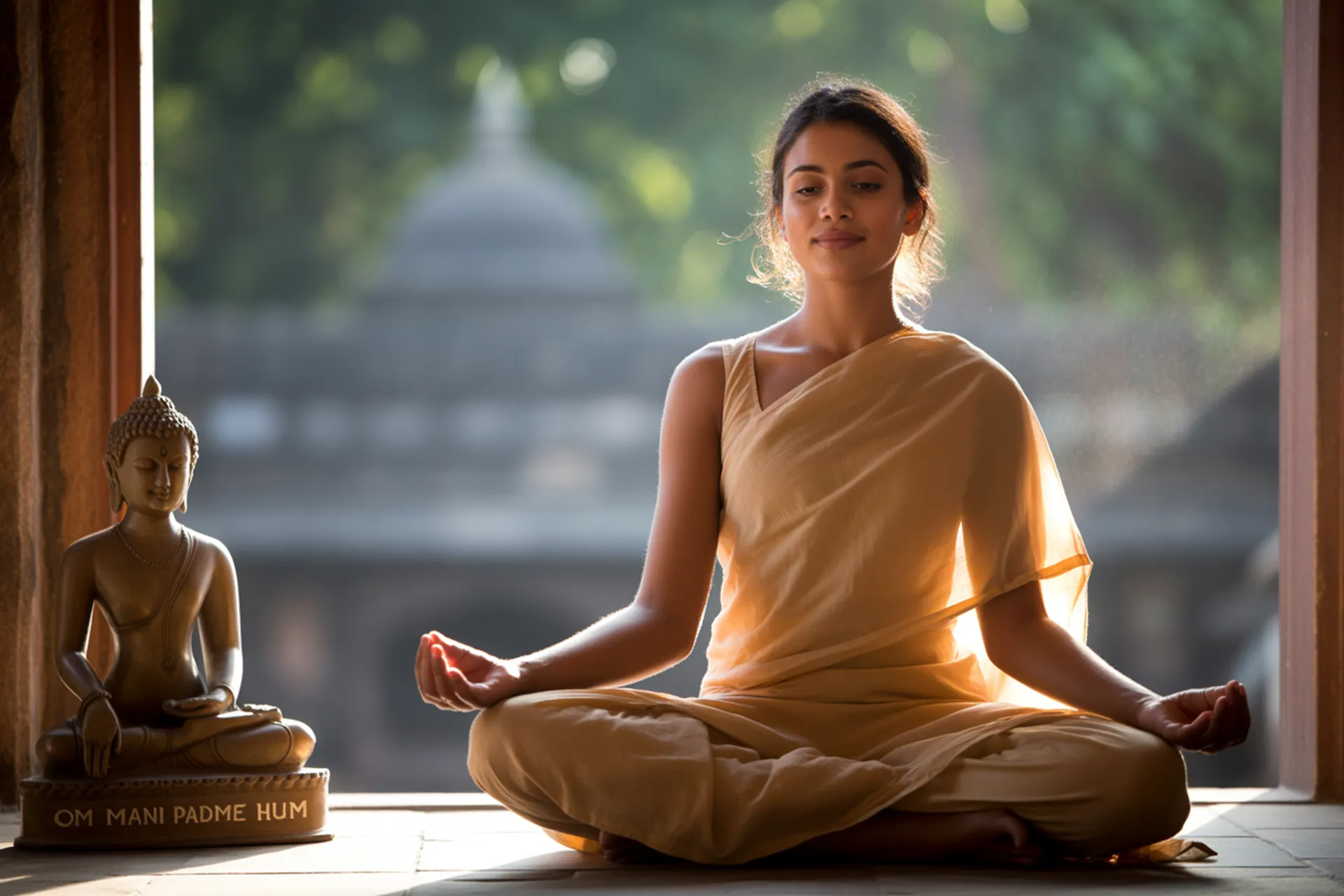 Persona meditando feliz en la india