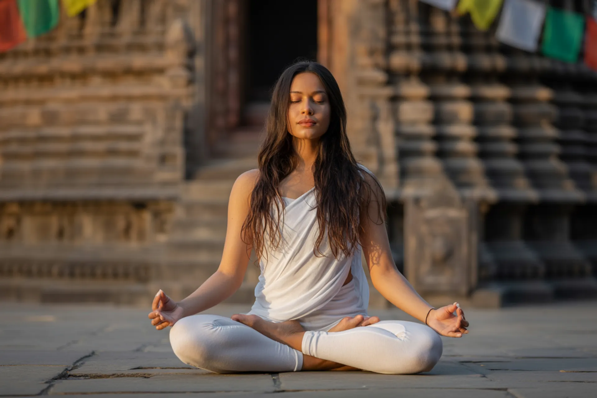 Mujer practicando yoga al amanecer en la naturaleza