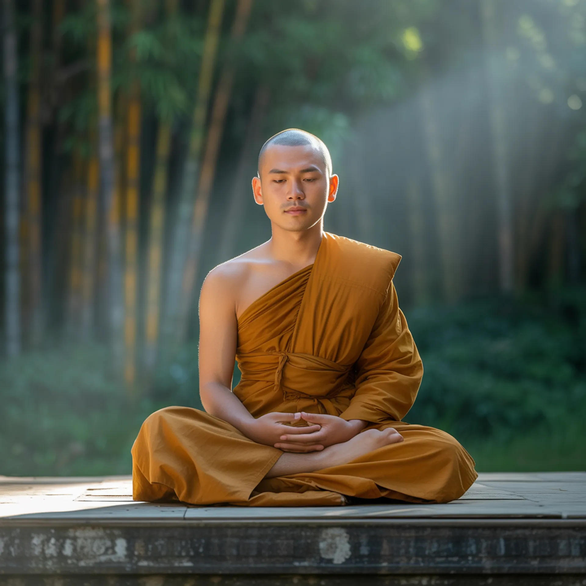 Persona meditando en postura de loto rodeada de naturaleza en calma