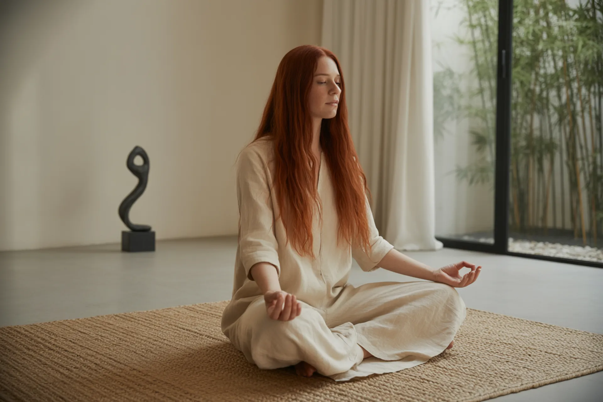Mujer meditando en una sala con decoración minimalista
