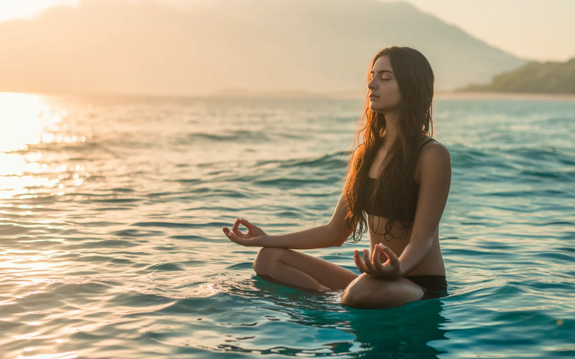 Persona meditando al amanecer con expresión serena representando ecuanimidad