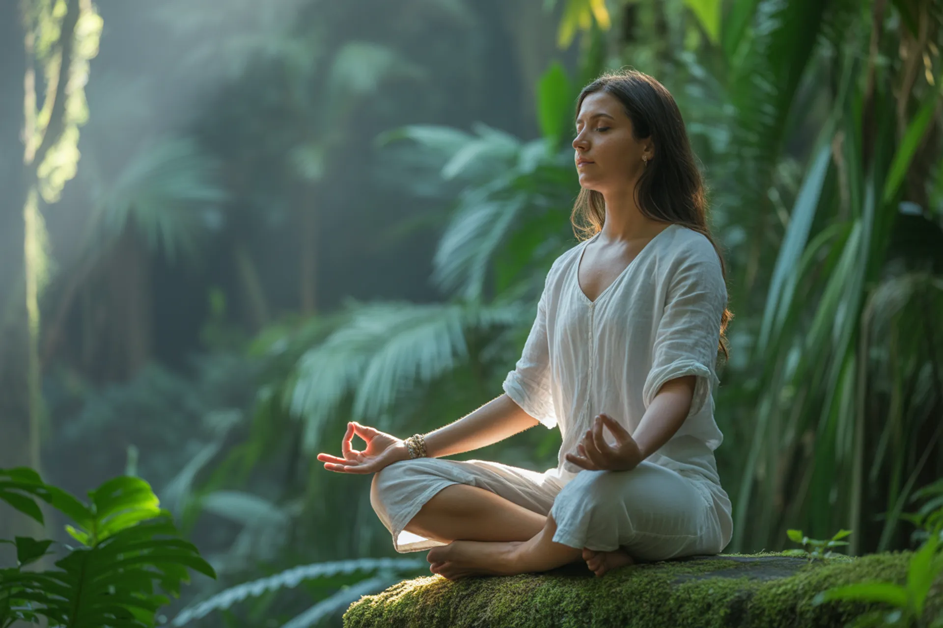 Persona meditando en paisaje natural al amanecer, simbolizando calma ante el miedo