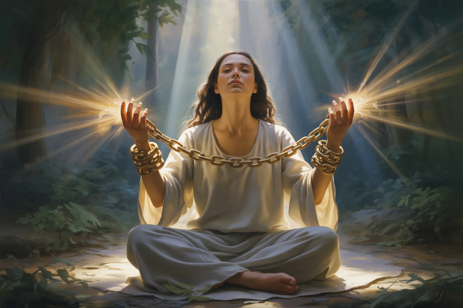Persona meditando rompiendo las cadenas de la mente