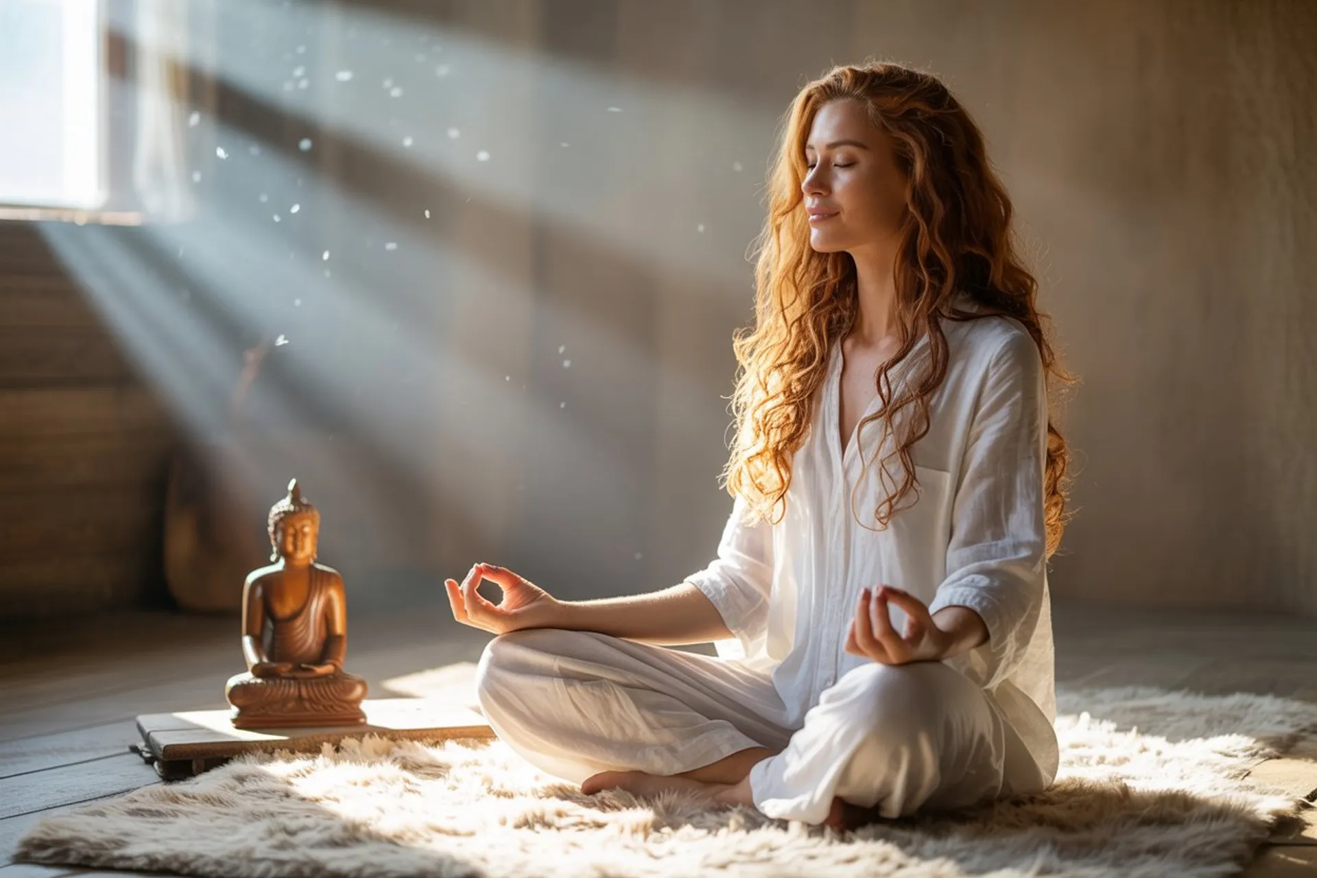 Persona meditando con visualizaciones luminosas