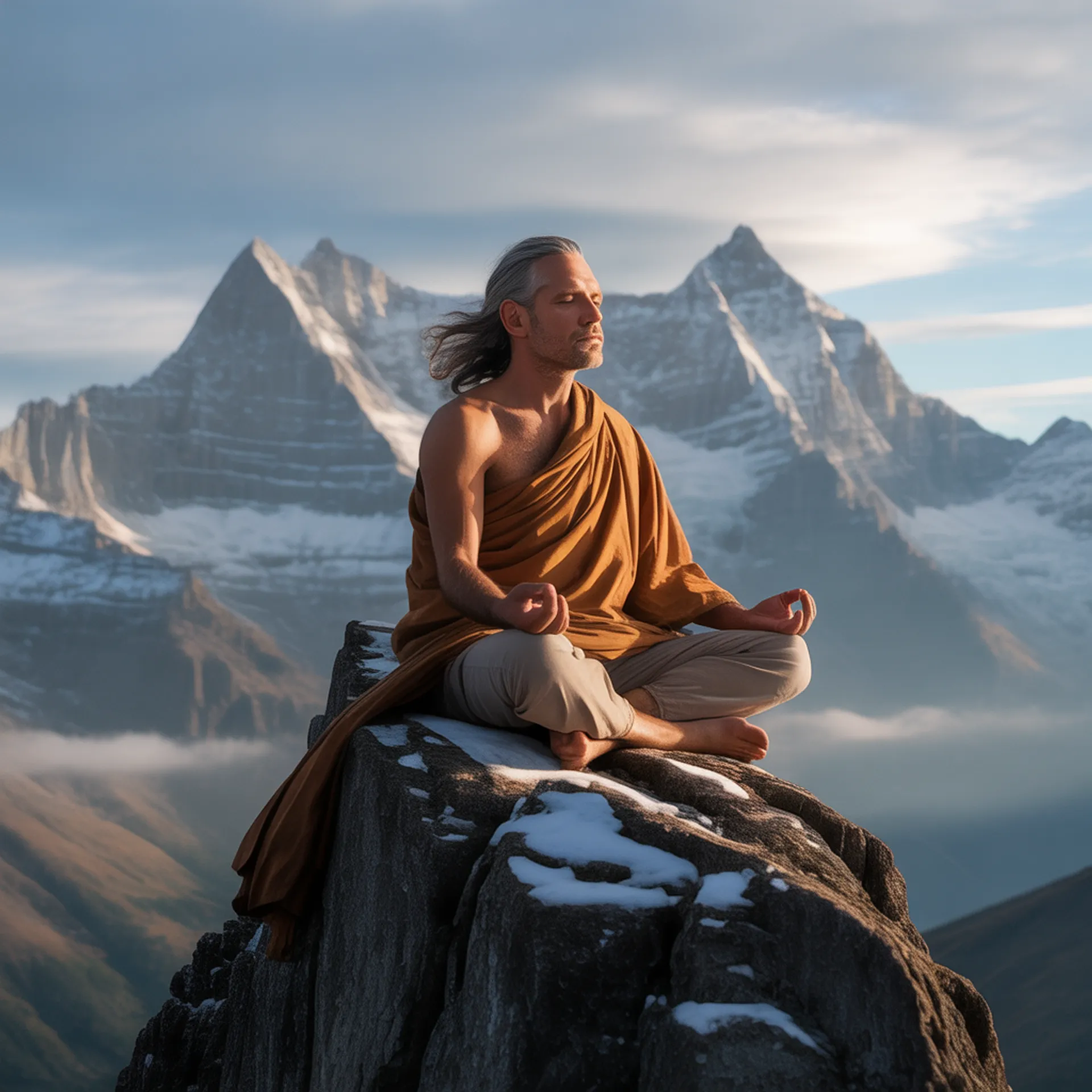 Persona meditando en posición de loto al amanecer