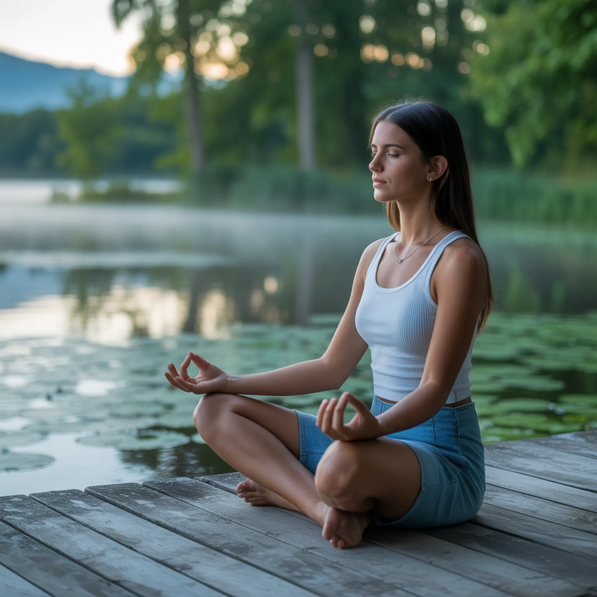 Persona meditando al aire libre en posición de loto, rodeada de naturaleza