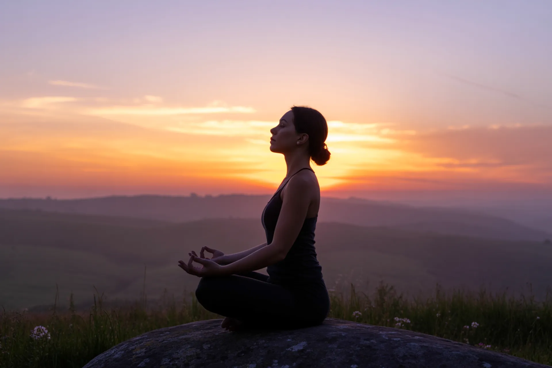 Mujer meditando al atardecer en un entorno natural