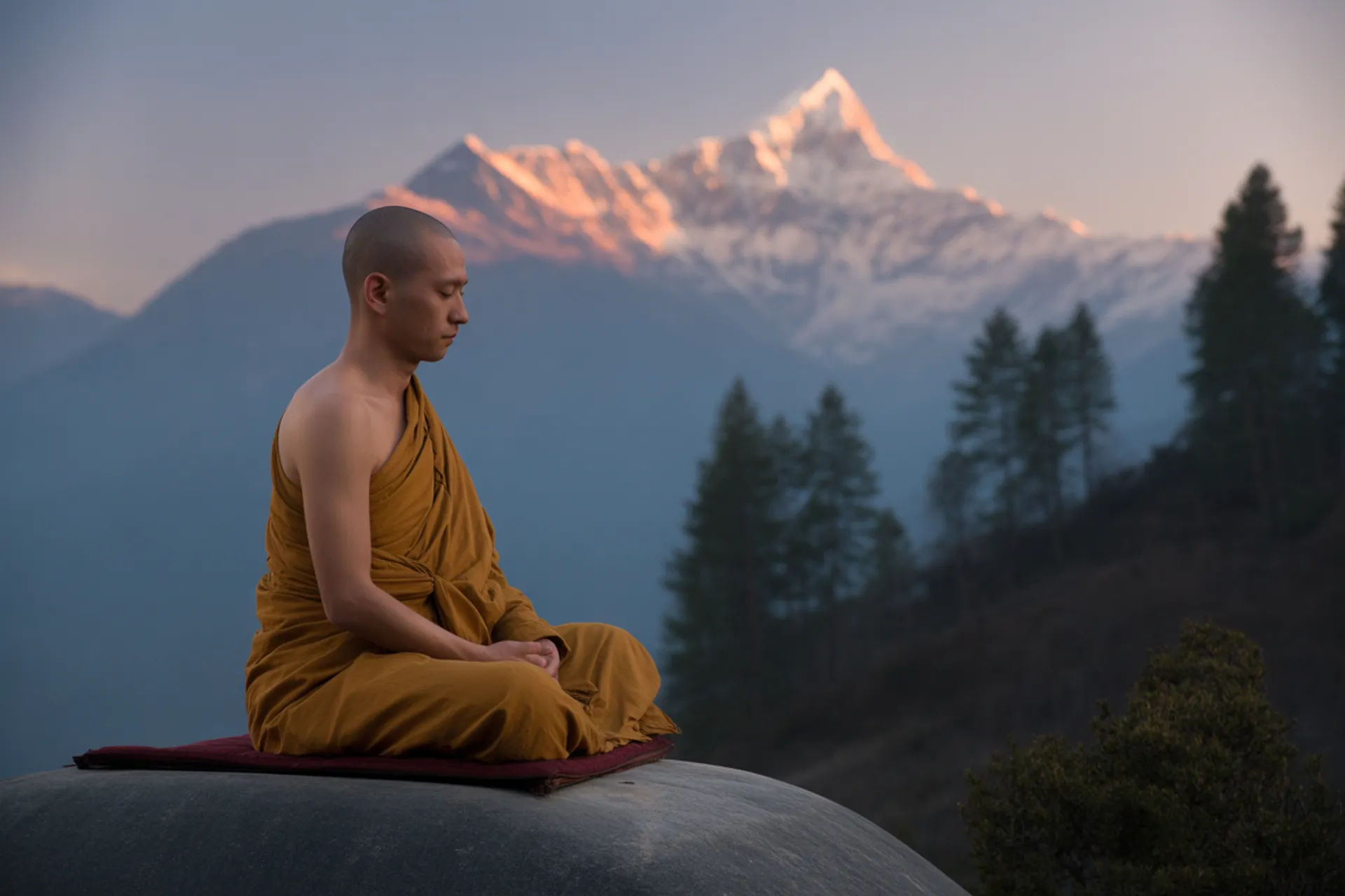 Monje practicando meditación zen con los himalayas de fondo