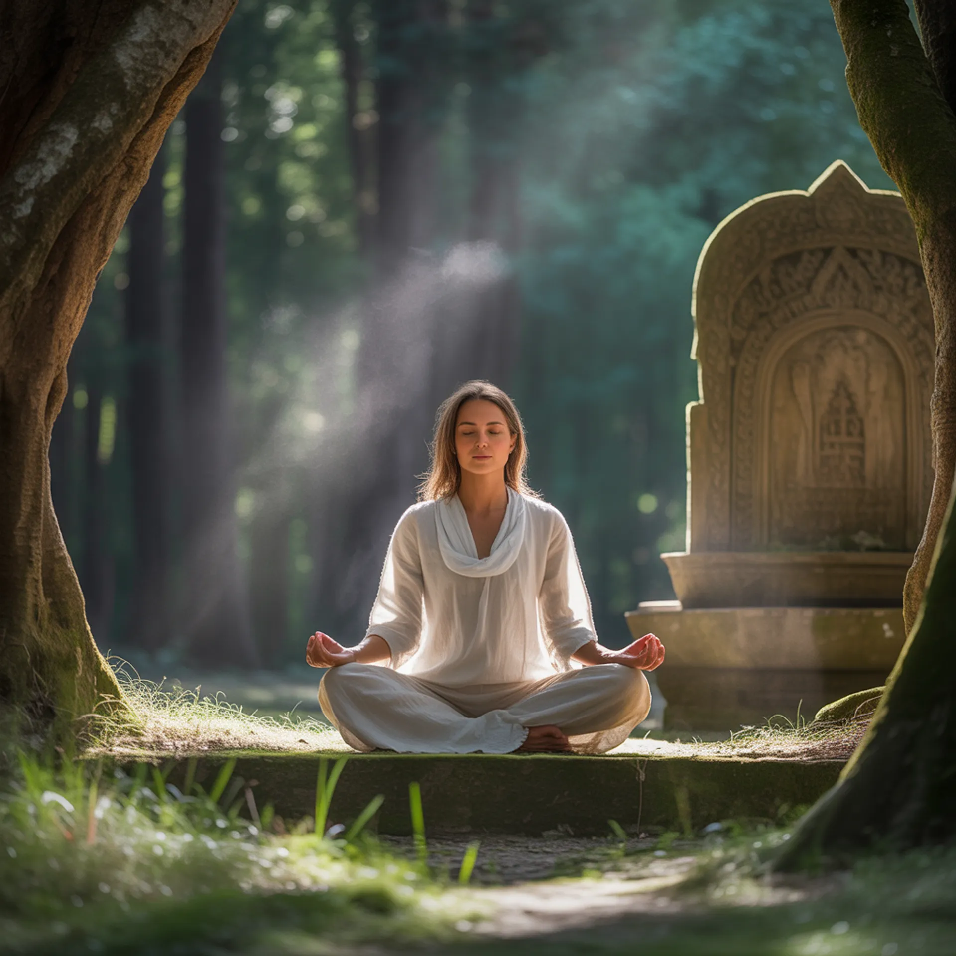 Monje practicando meditación ancestral en un templo antiguo