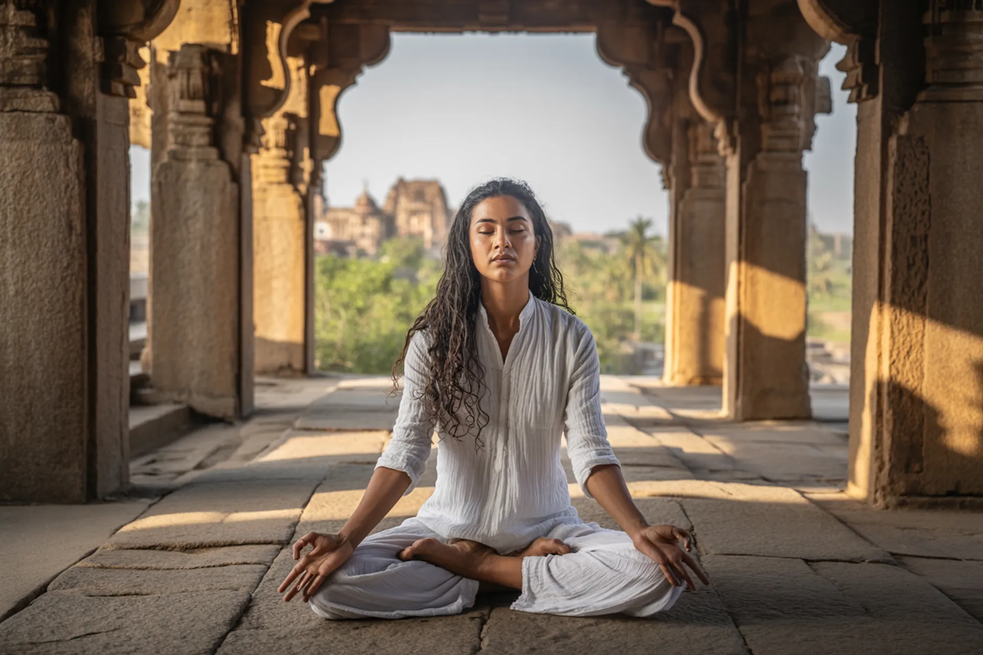 Mujer meditando al amanecer en la montaña