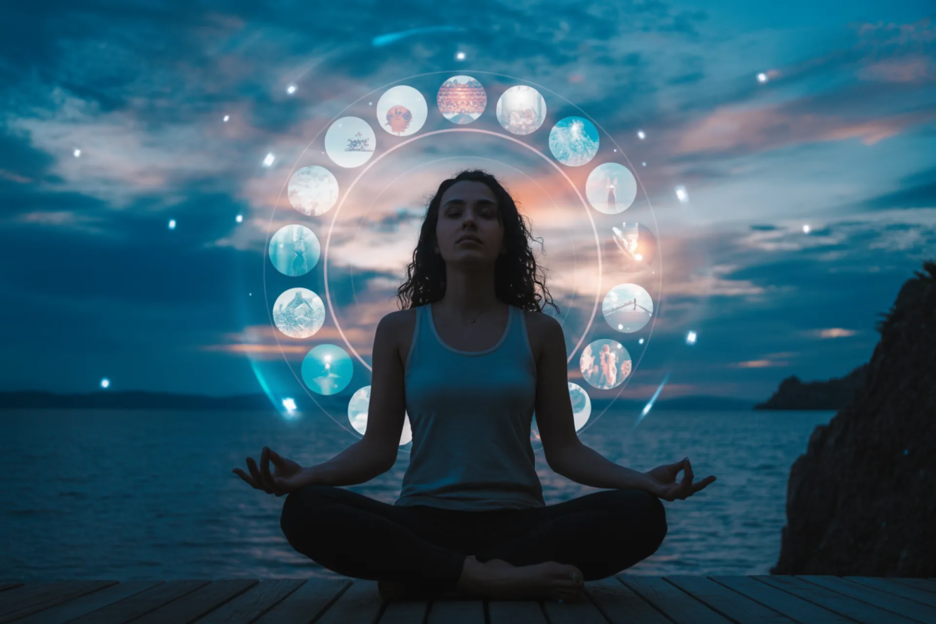 Persona meditando en la naturaleza observando sus pensamientos