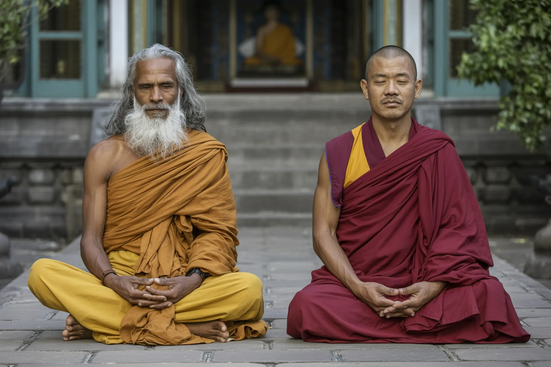un monje budista y un yogui meditando en un lugar sagrado