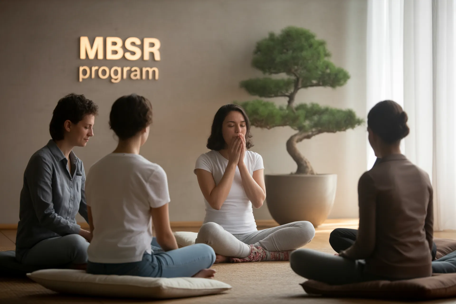 Sesión grupal de mindfulness MBSR en sala luminosa