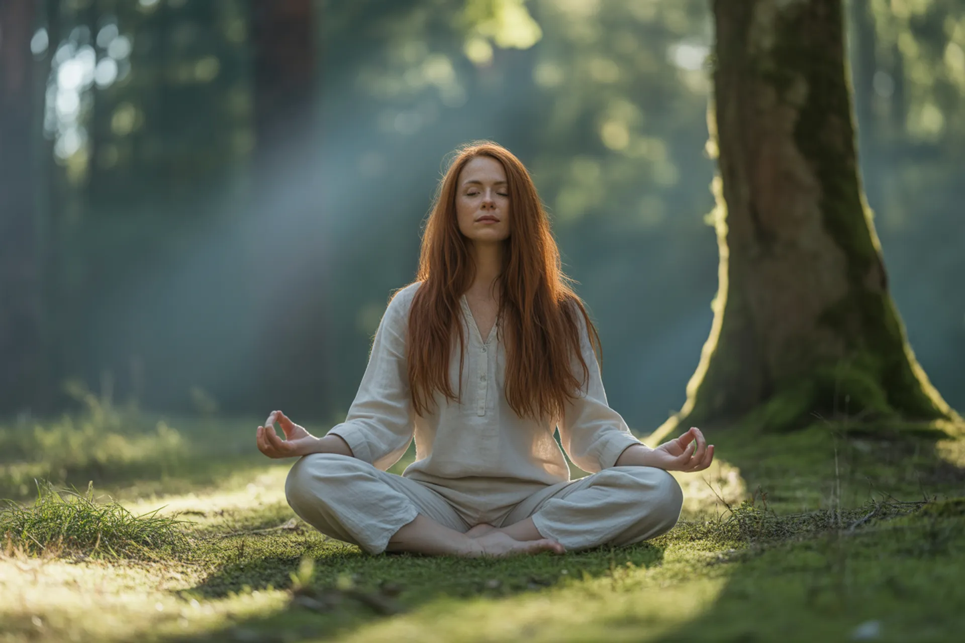 Mujer meditando sintiendo su cuerpo en plena naturaleza, simbolizando la interocepción