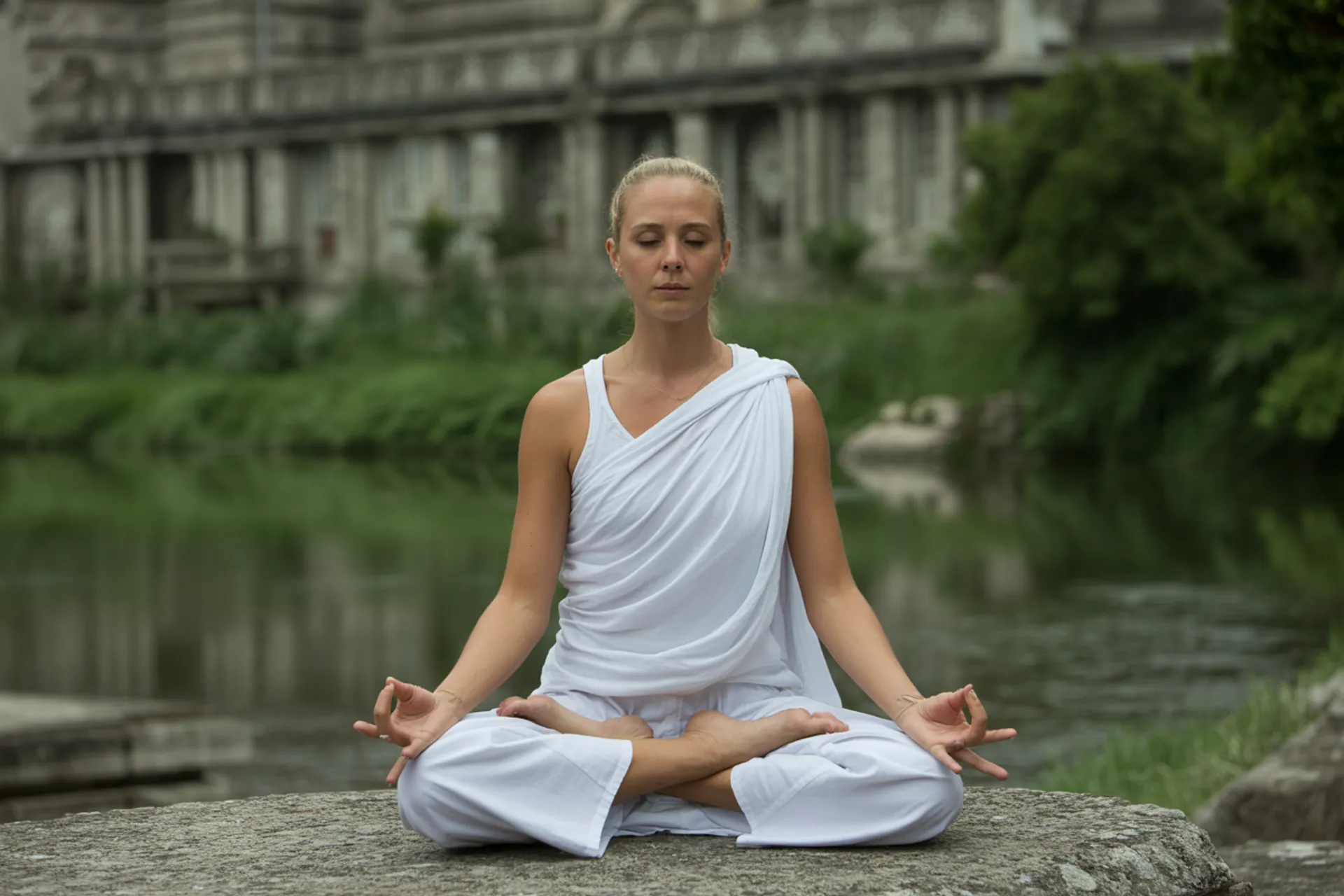 Persona meditando en un entorno natural, representando calma y espiritualidad
