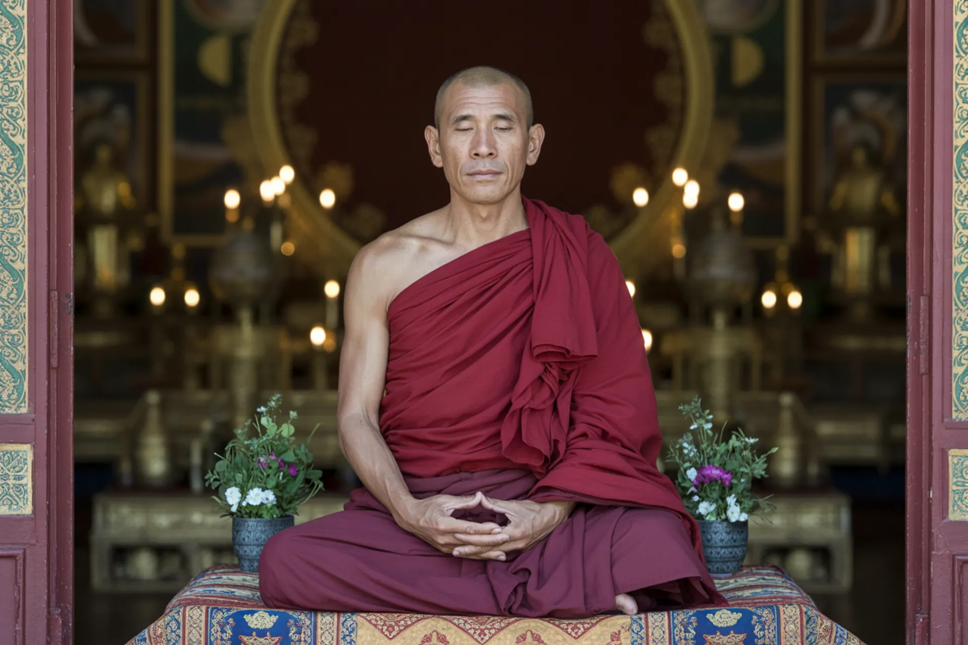 Monje budista meditando en naturaleza