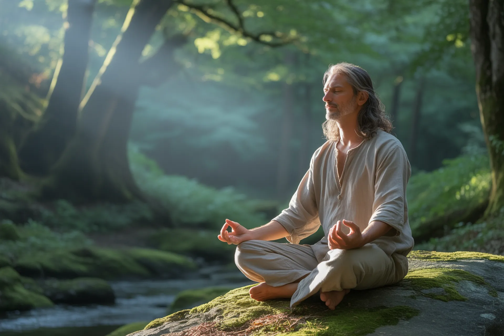 Estatua budista en meditación rodeada de naturaleza
