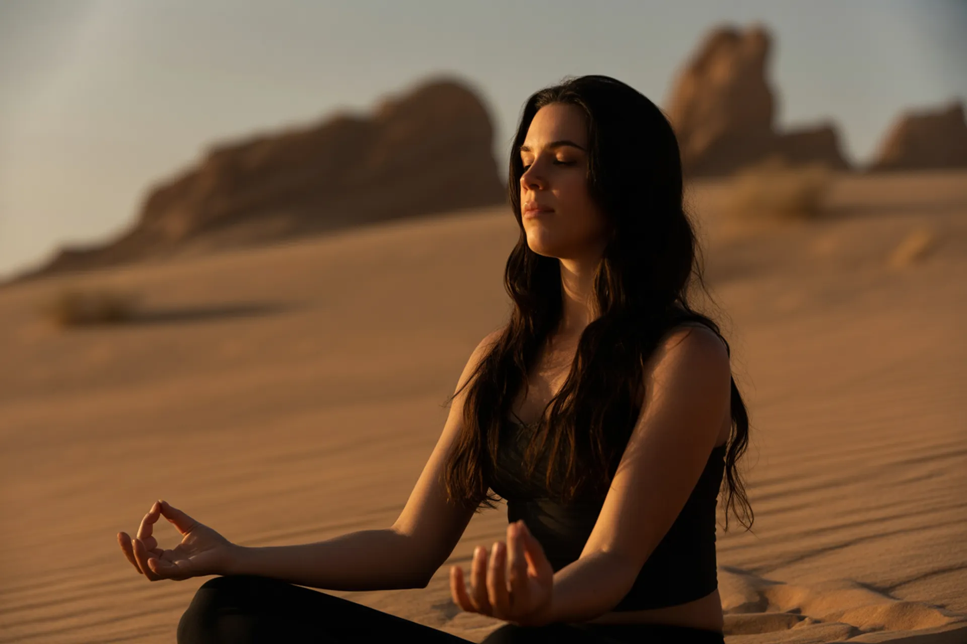 Mujer sentada en postura de meditación rodeada de naturaleza