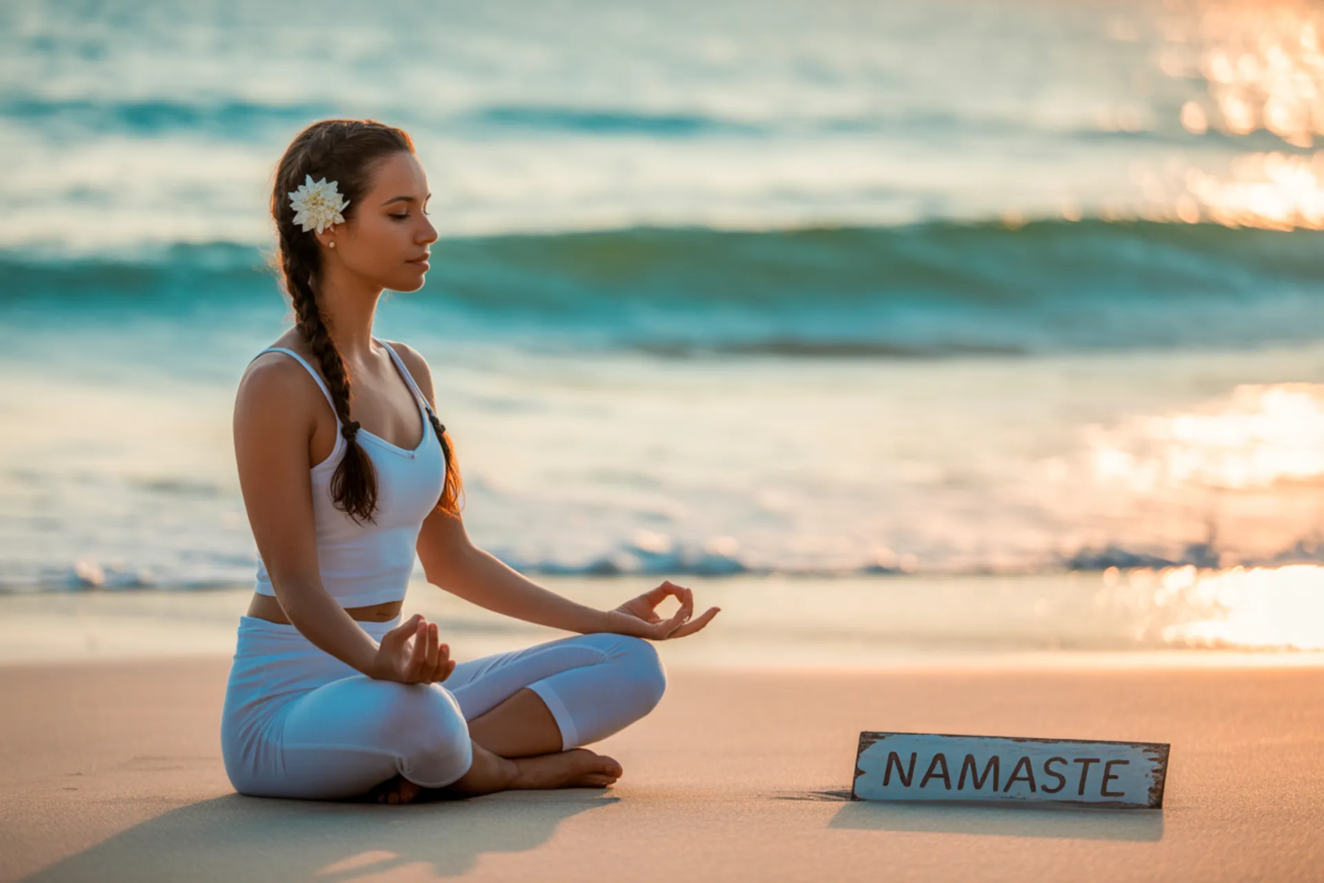 Mujer meditando con expresión serena rodeada de naturaleza