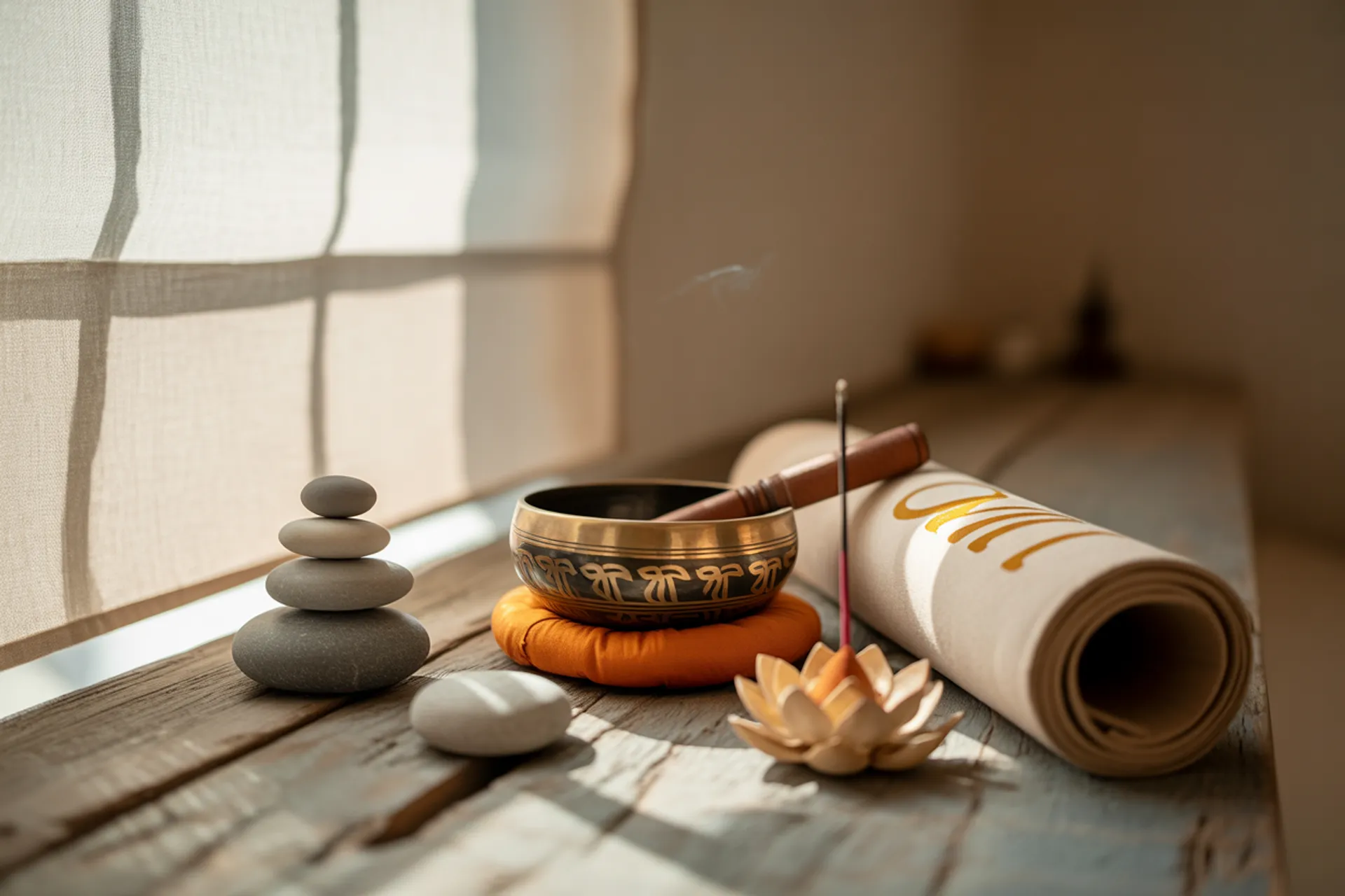 Instrumentos musicales tibetanos sobre un tapete de meditación