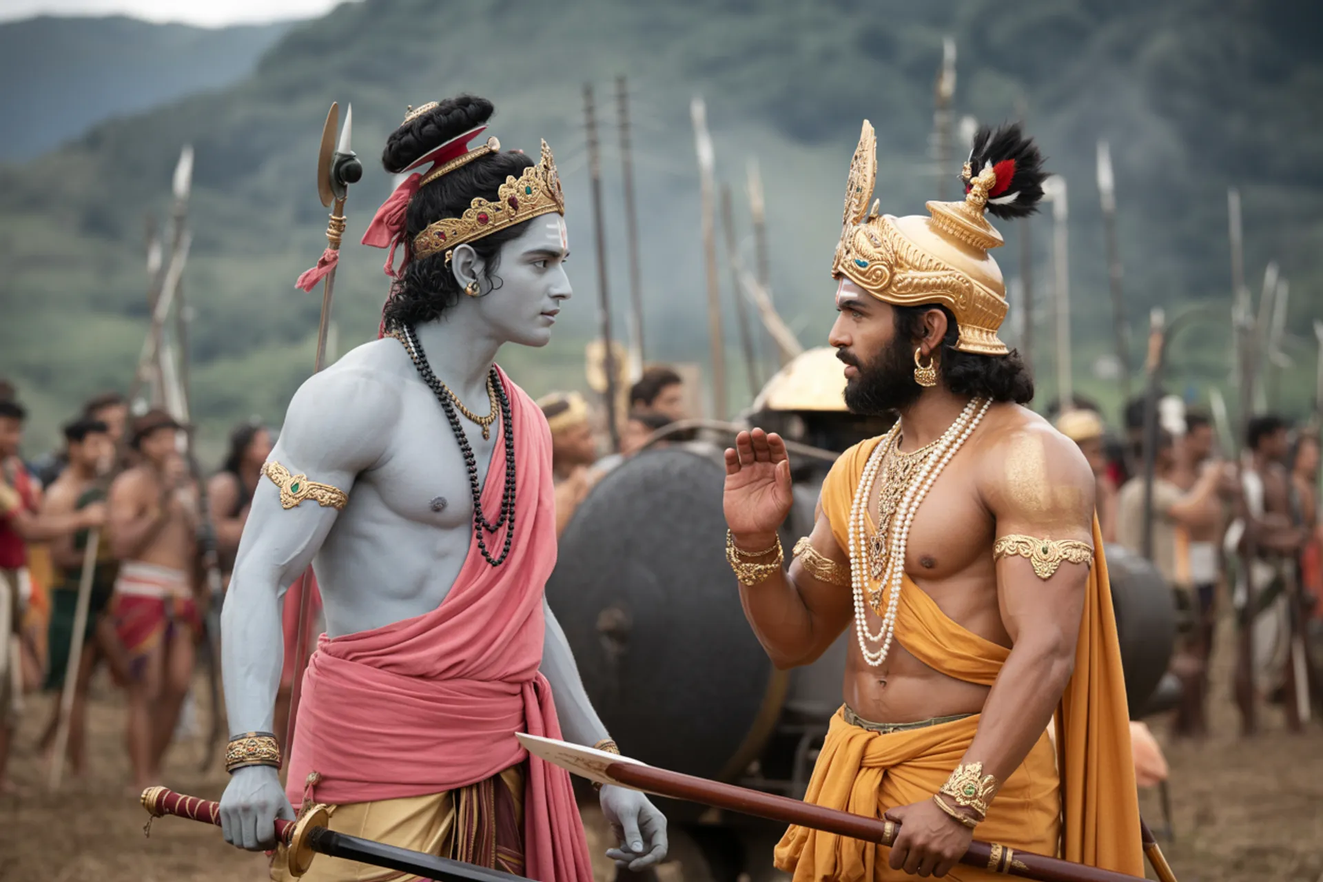 Krishna y Arjuna conversando en el campo de batalla, representación de placer y sufrimiento