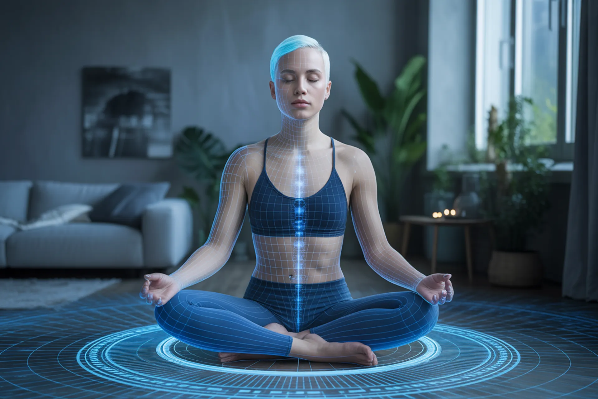 Mujer meditando al amanecer, conectada con su cuerpo desde dentro