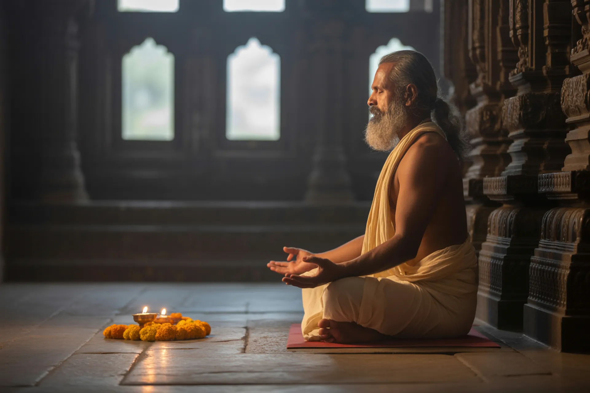 Yogui meditando profundamente en un templo de la india