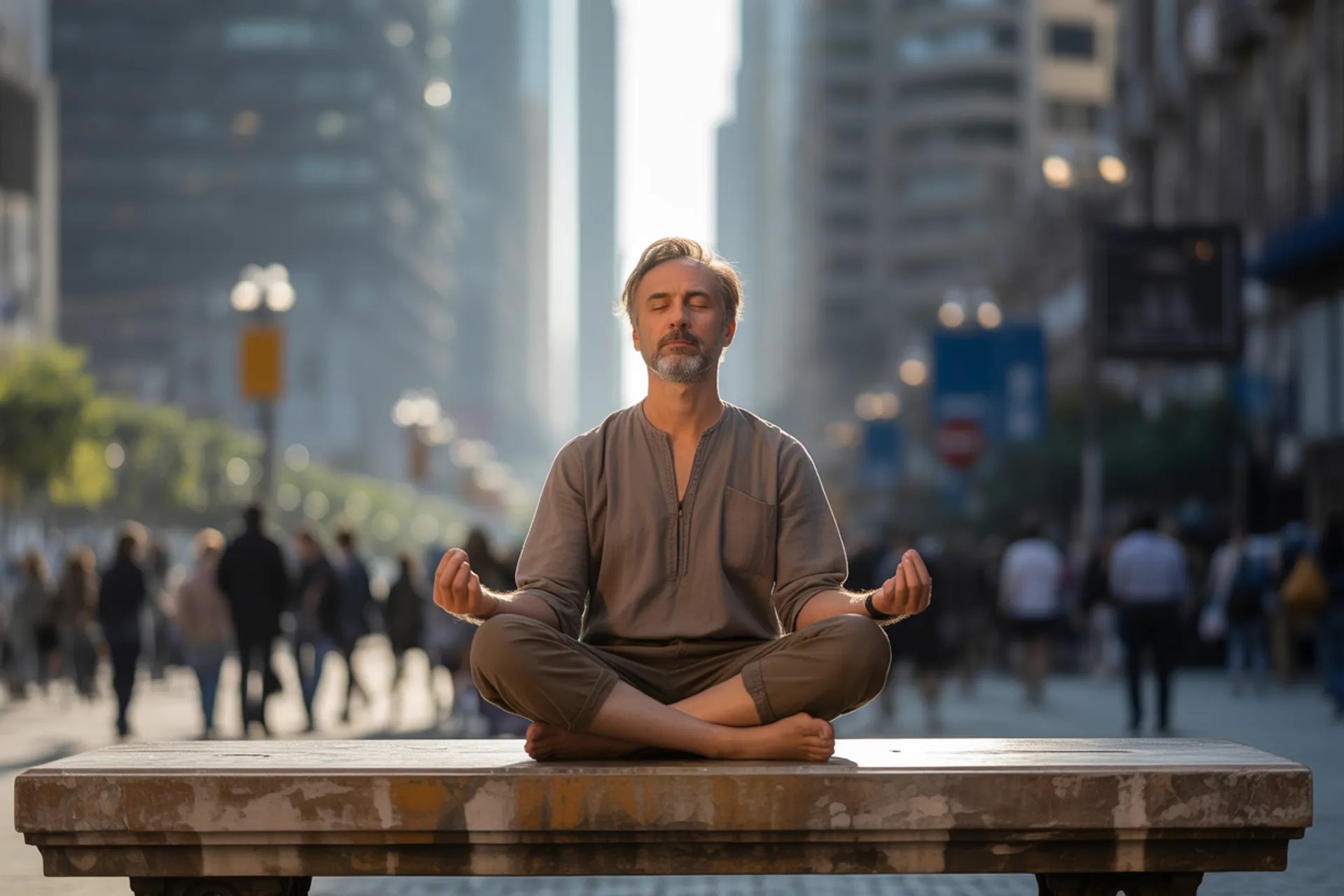 Hombre meditando en la ciudad