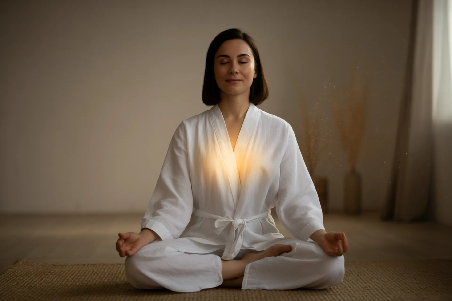 Persona meditando al amanecer en la naturaleza, símbolo de conexión interior