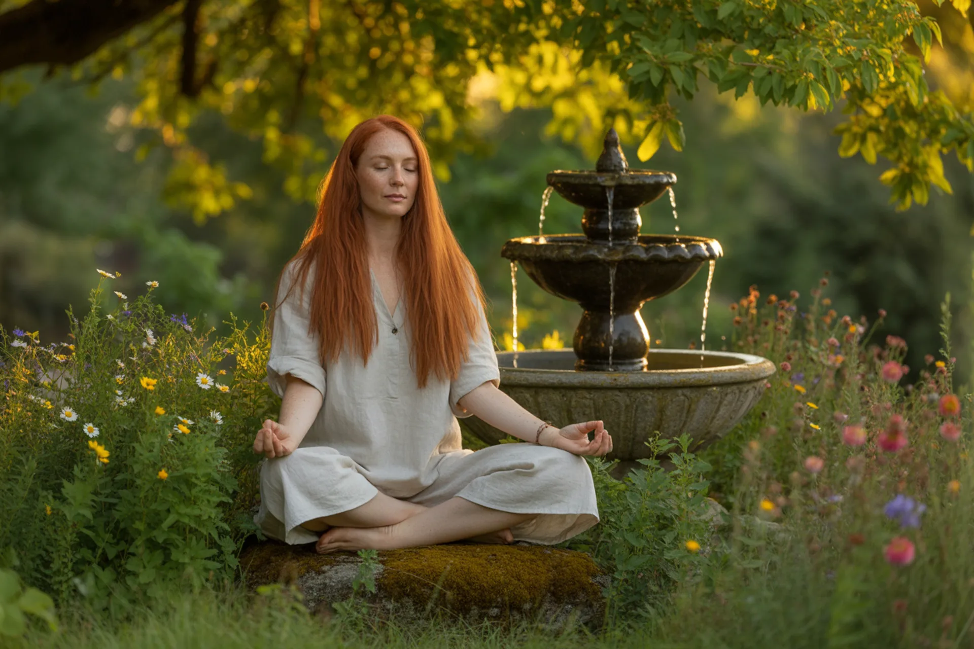 Mujer meditando en un jardín con flores, simbolizando paz y no violencia