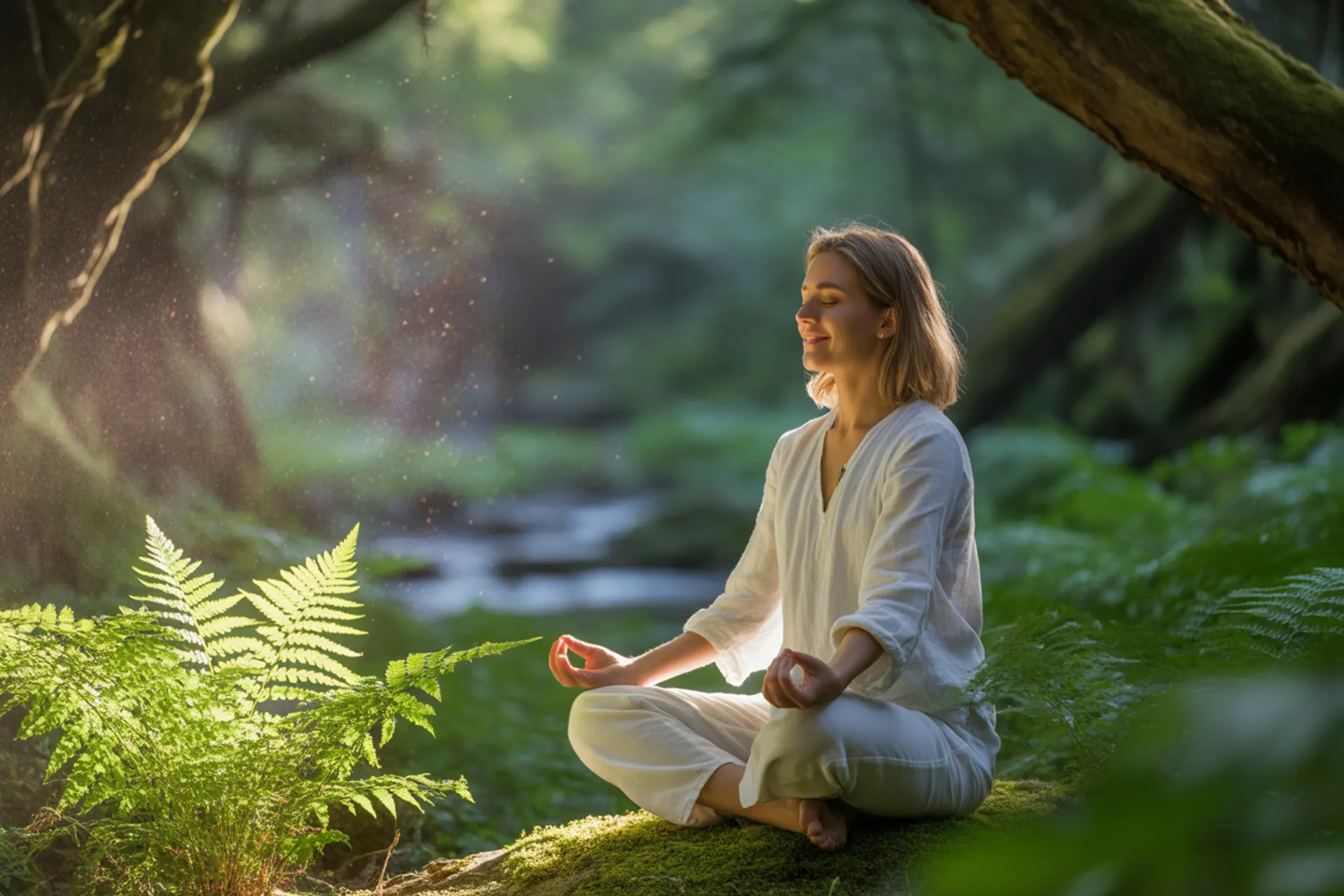 Persona meditando en la naturaleza al atardecer, simbolizando la atención plena
