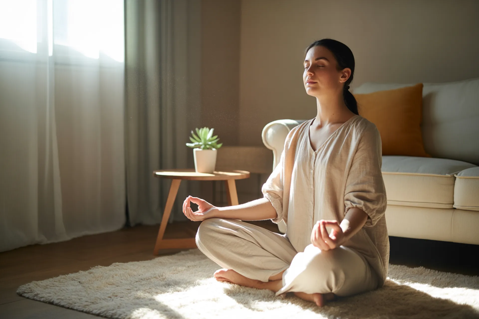 Mujer practicando mindfulness en su casa