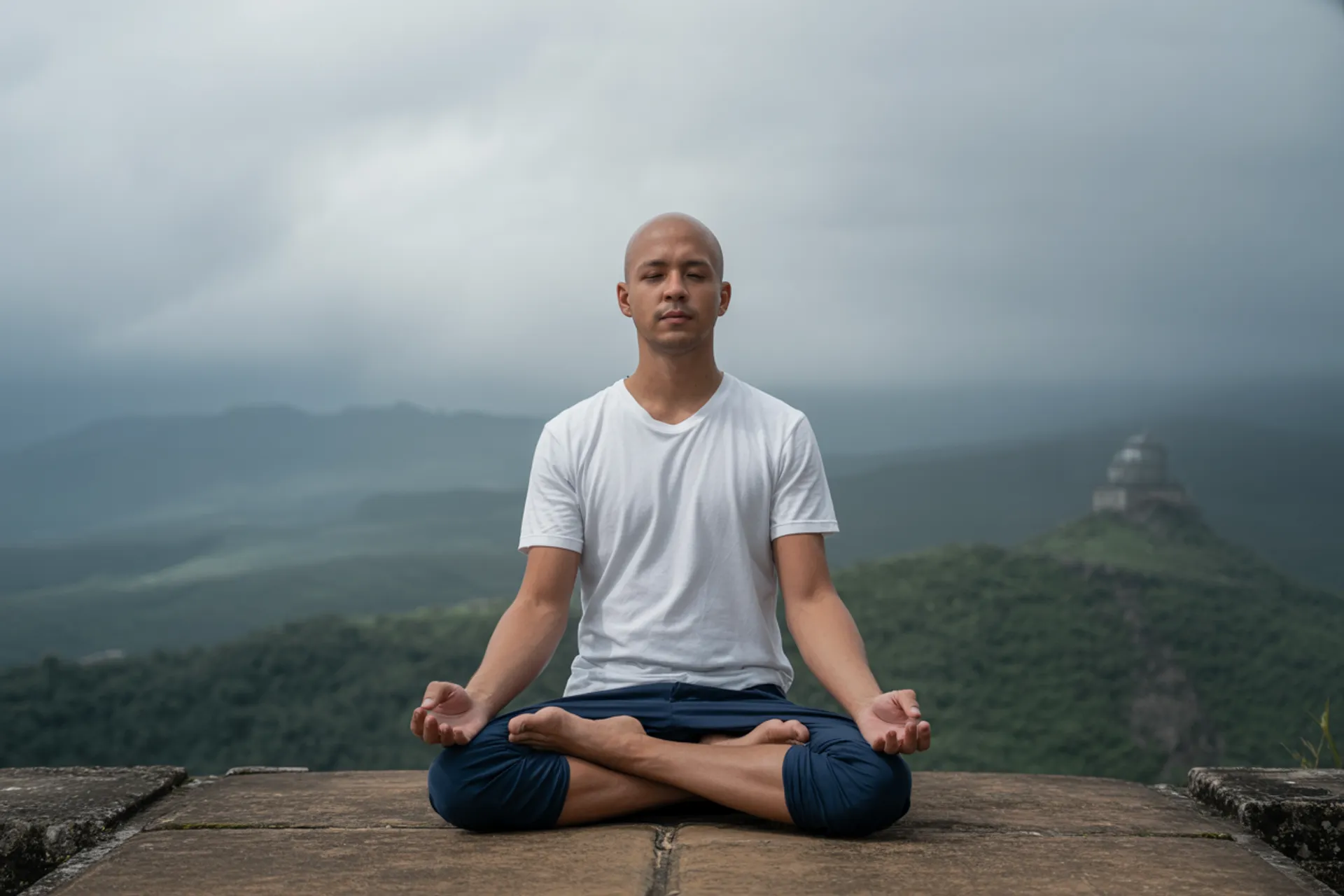 Persona meditando en postura de loto en un entorno natural