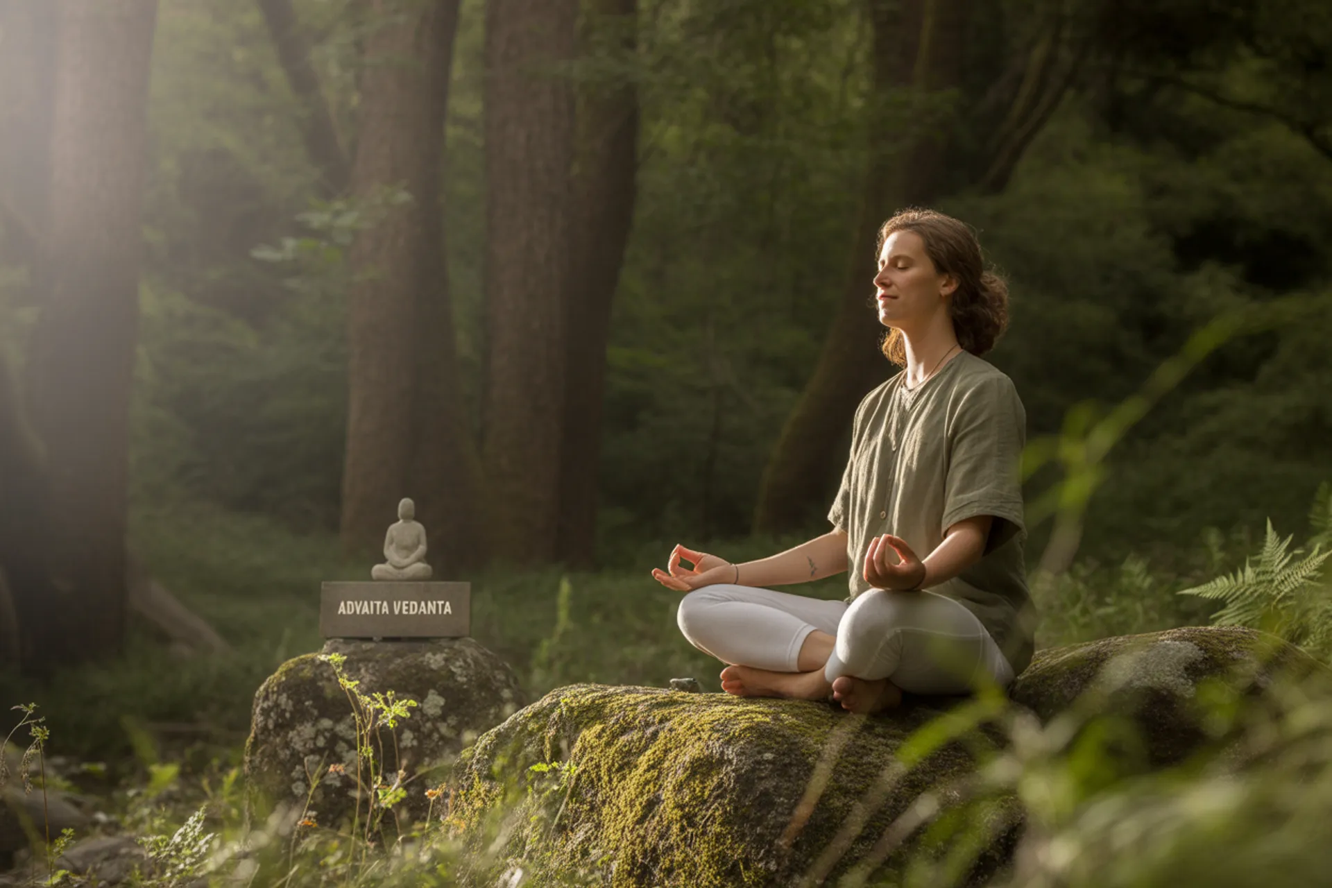 Persona meditando bajo un árbol con símbolos de la no dualidad