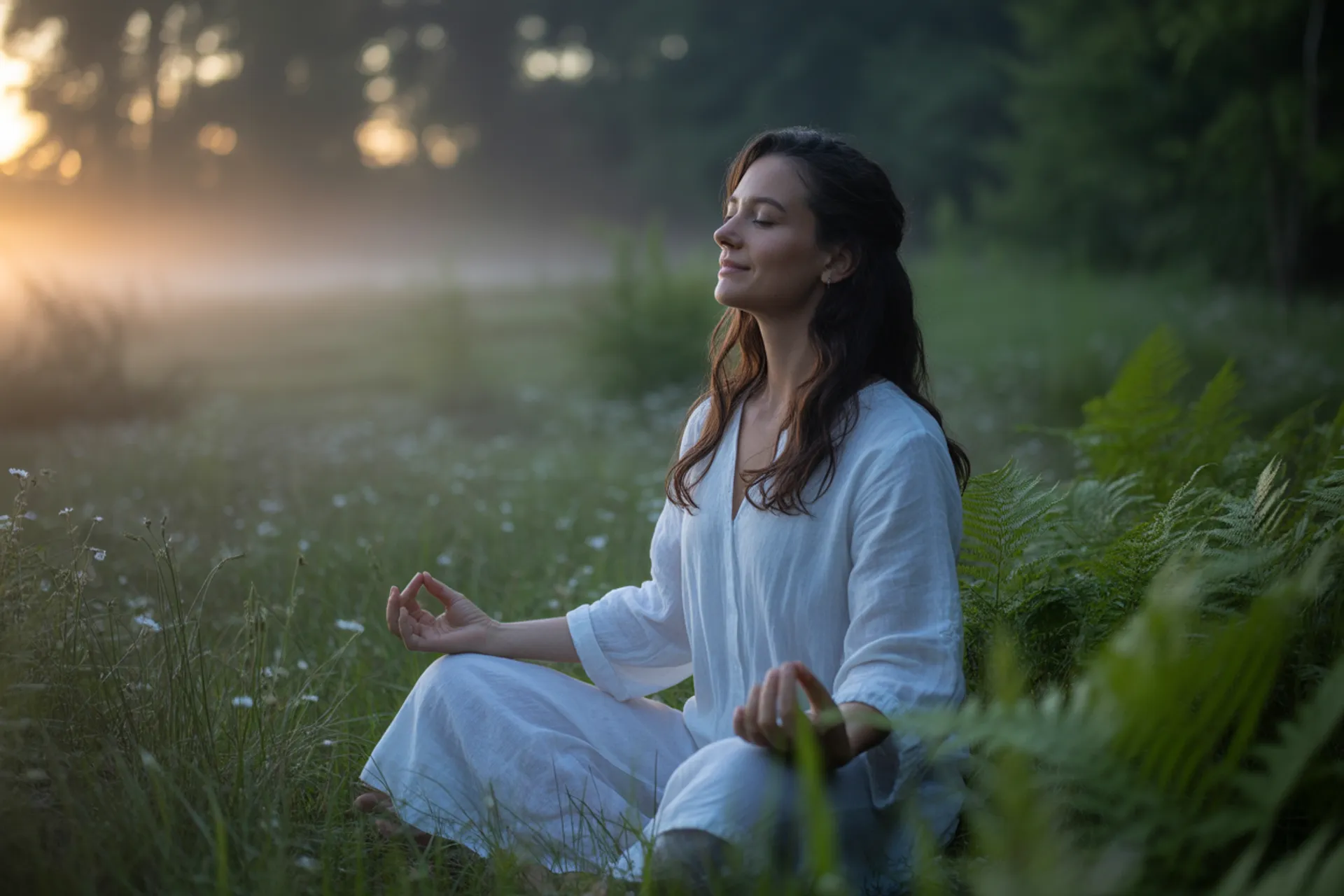 Persona meditando en postura de loto practicando Samatha en la naturaleza
