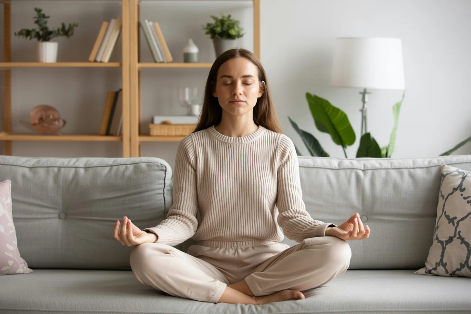 Mujer practicando mindfulness en un sofa zen