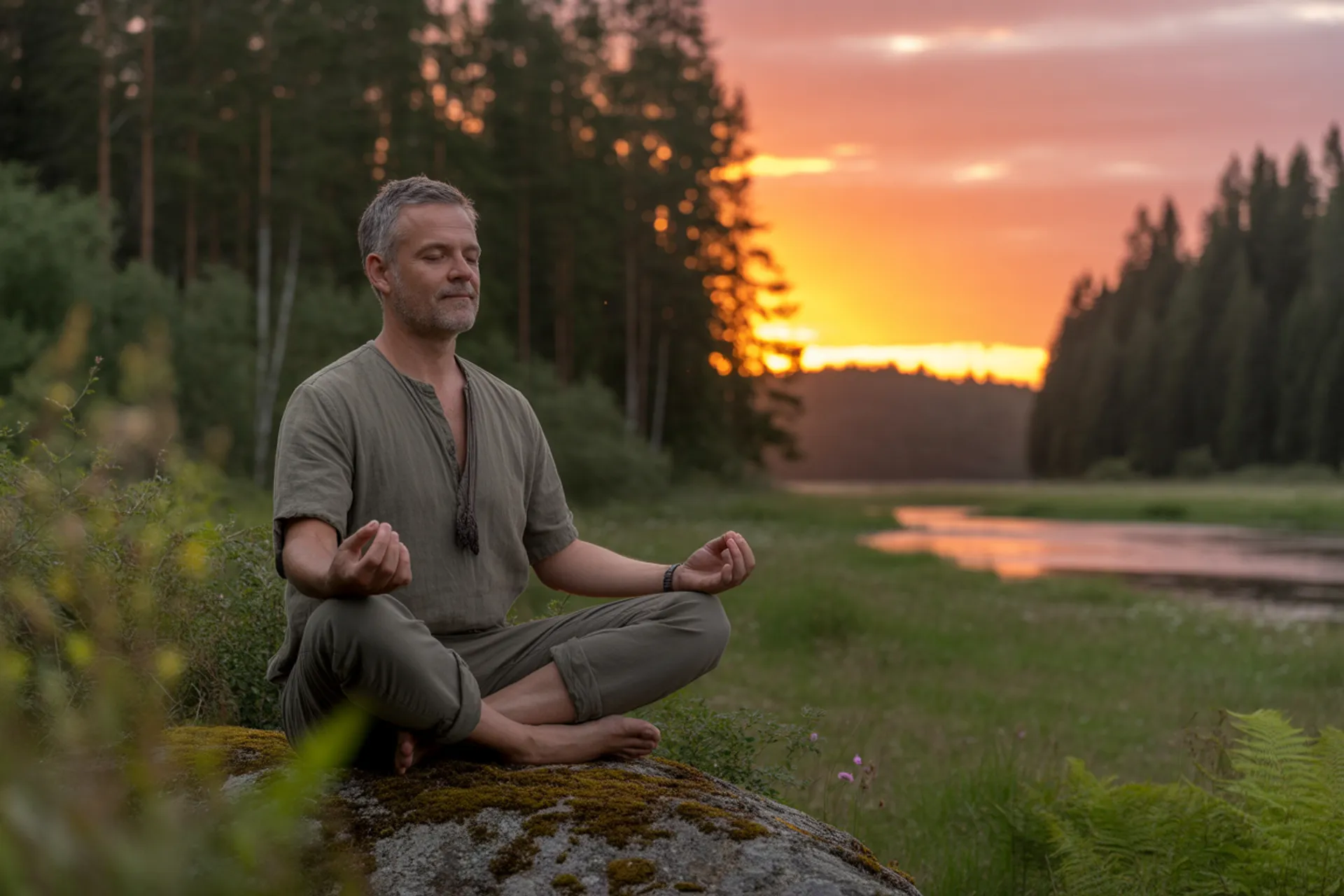Persona meditando al amanecer en la naturaleza