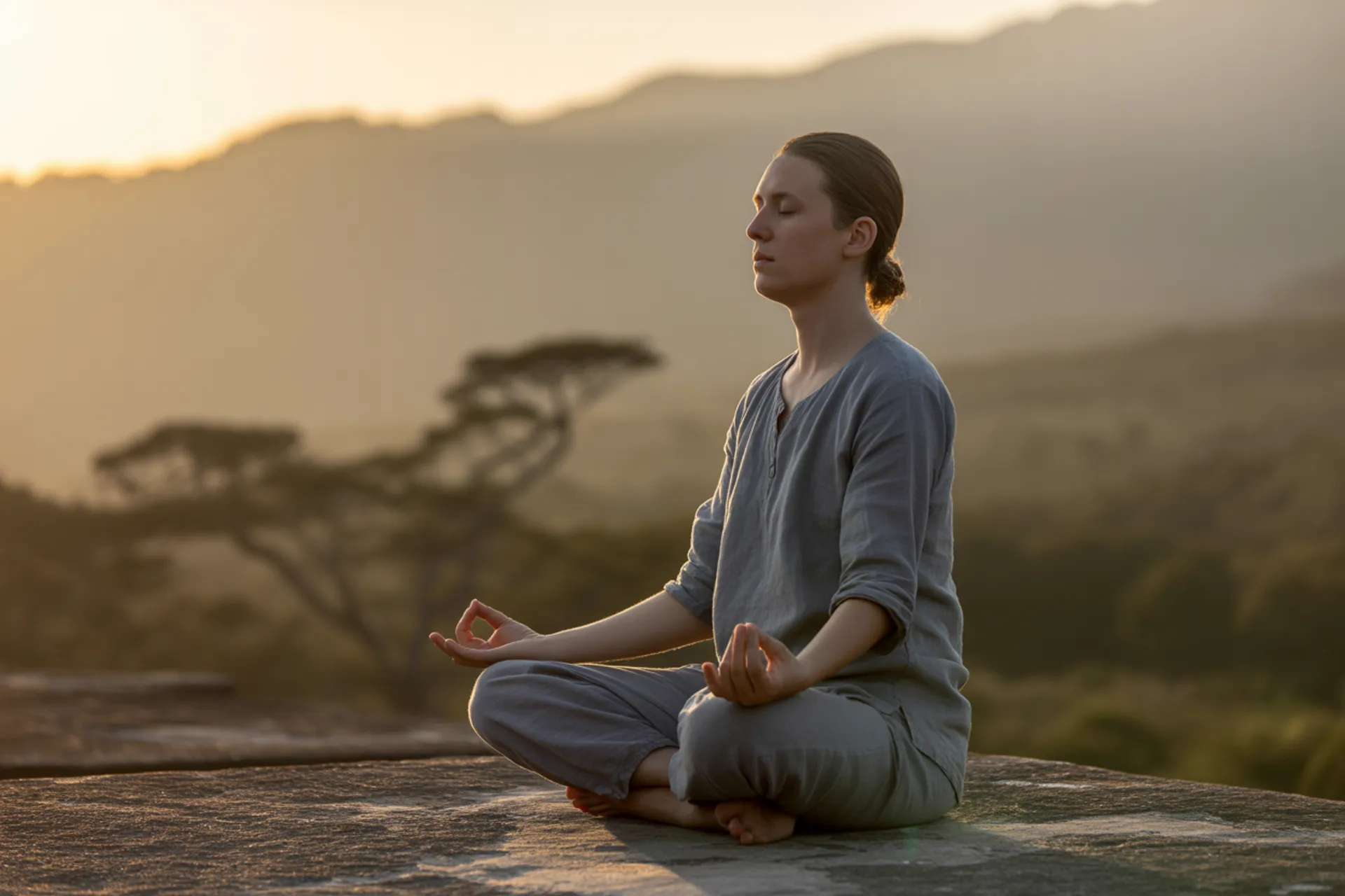 Persona meditando en la naturaleza al amanecer