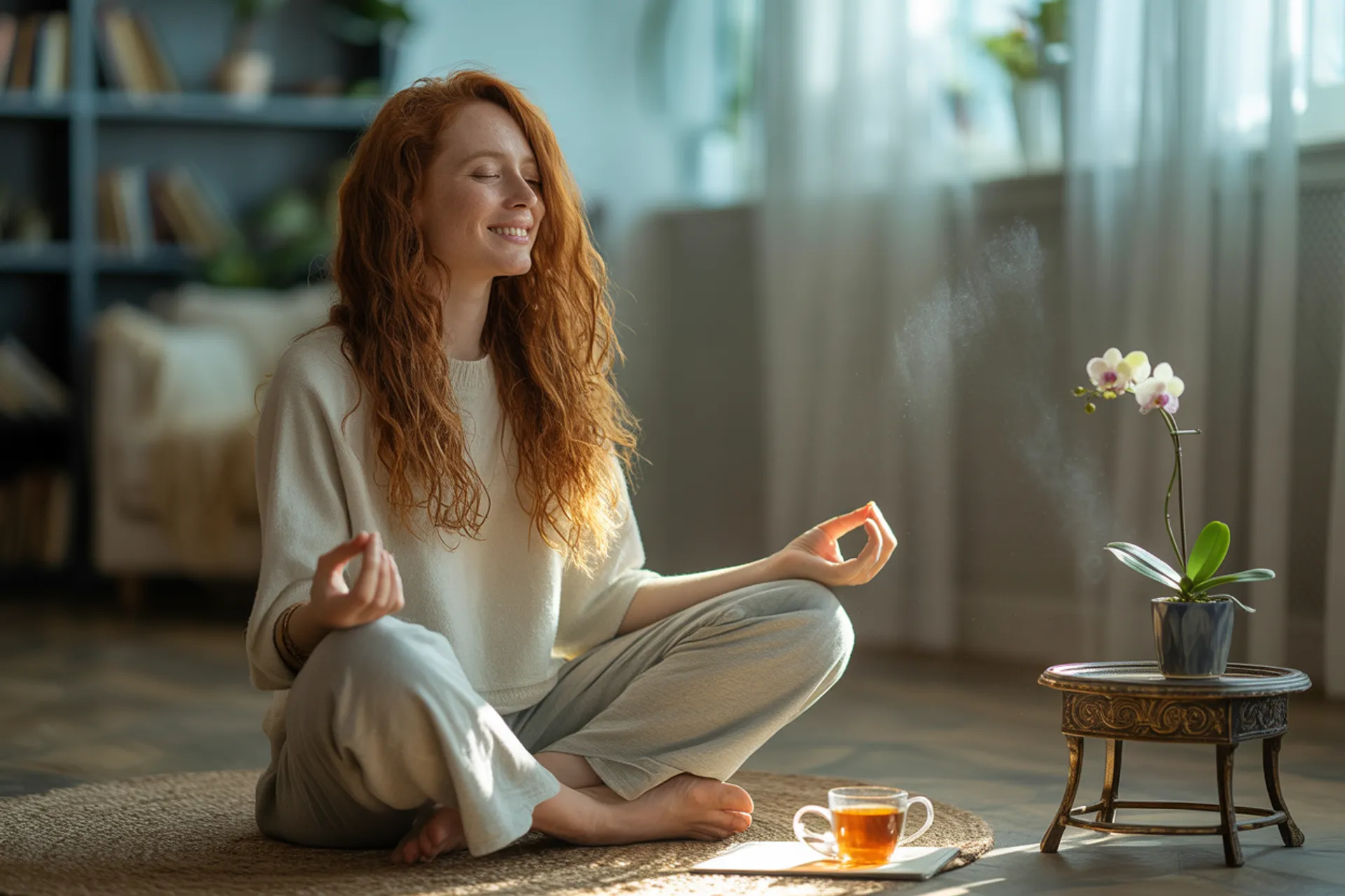 Persona meditando en su casa