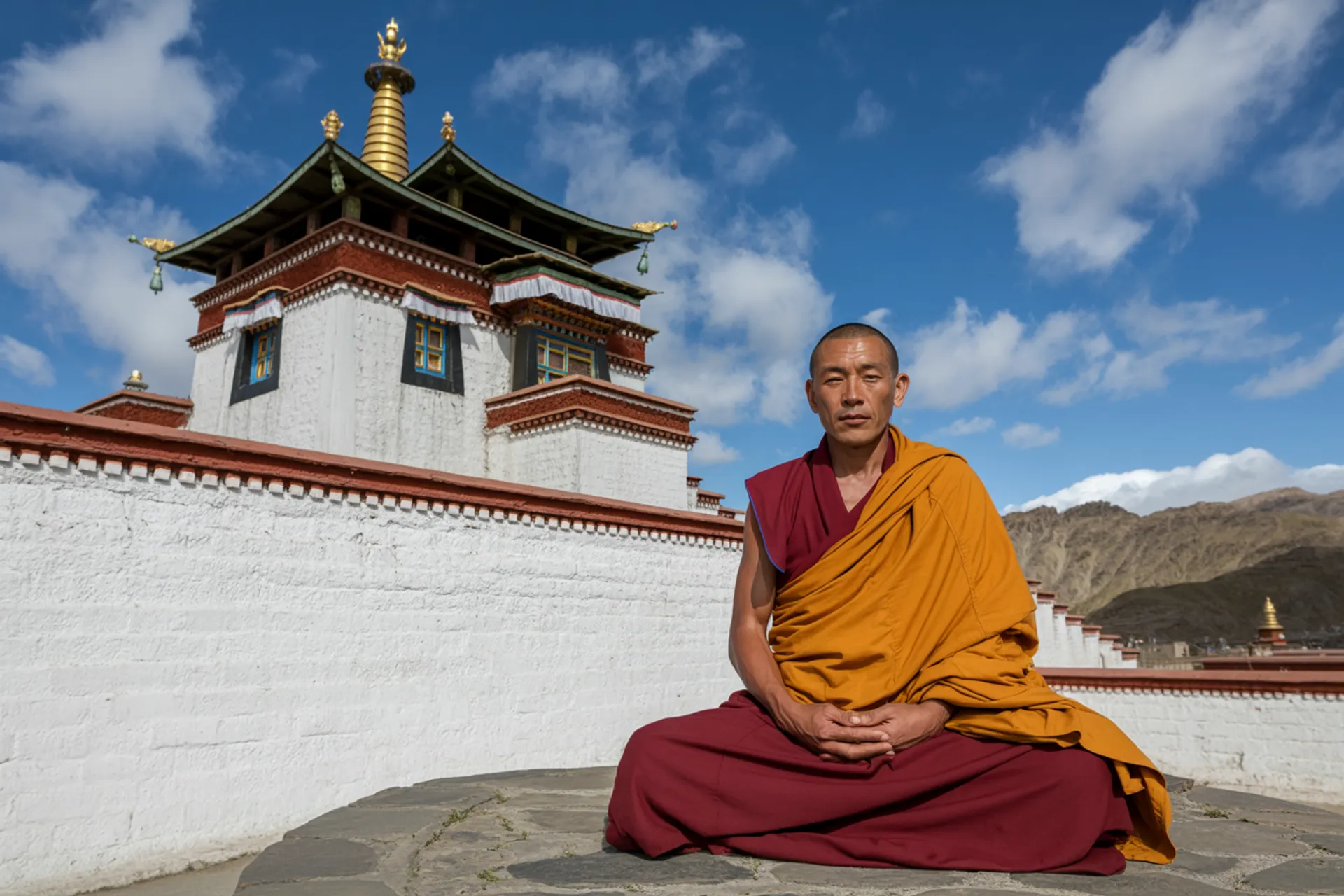 Monje budista tibetano meditando en un templo budista