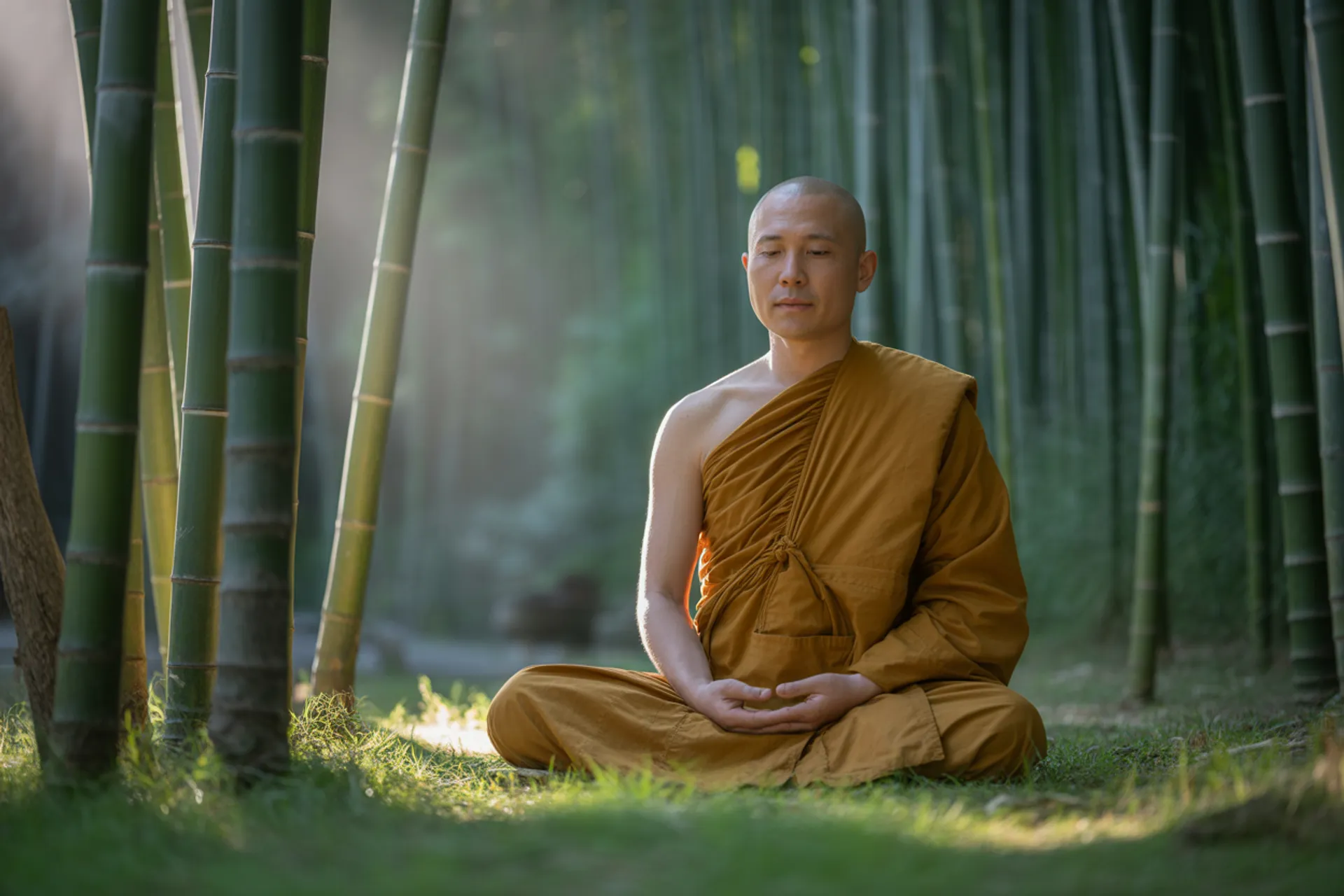 Monje en meditación profunda alcanzando el primer jhāna bajo un árbol bodhi