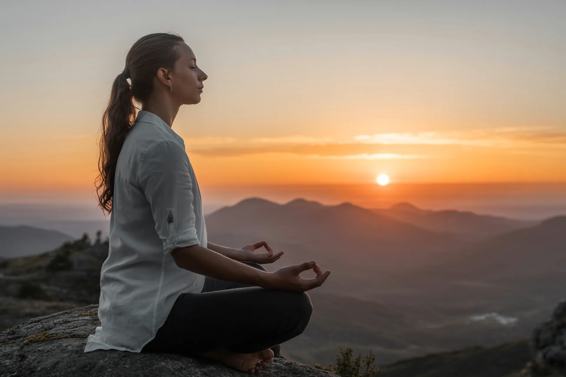 Persona meditando al amanecer, simbolizando el cambio de hábitos
