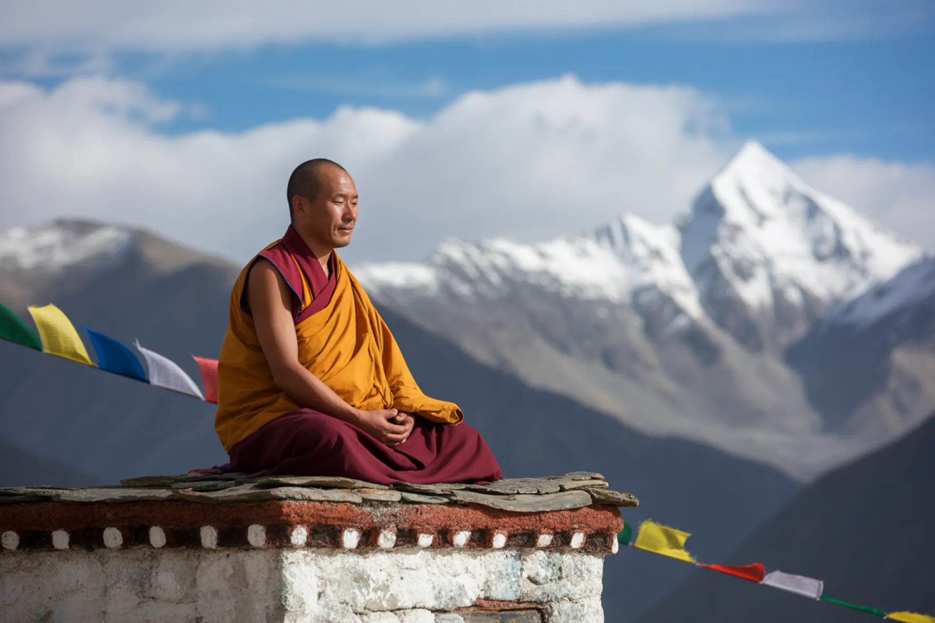 Monje budista meditando en un templo antiguo