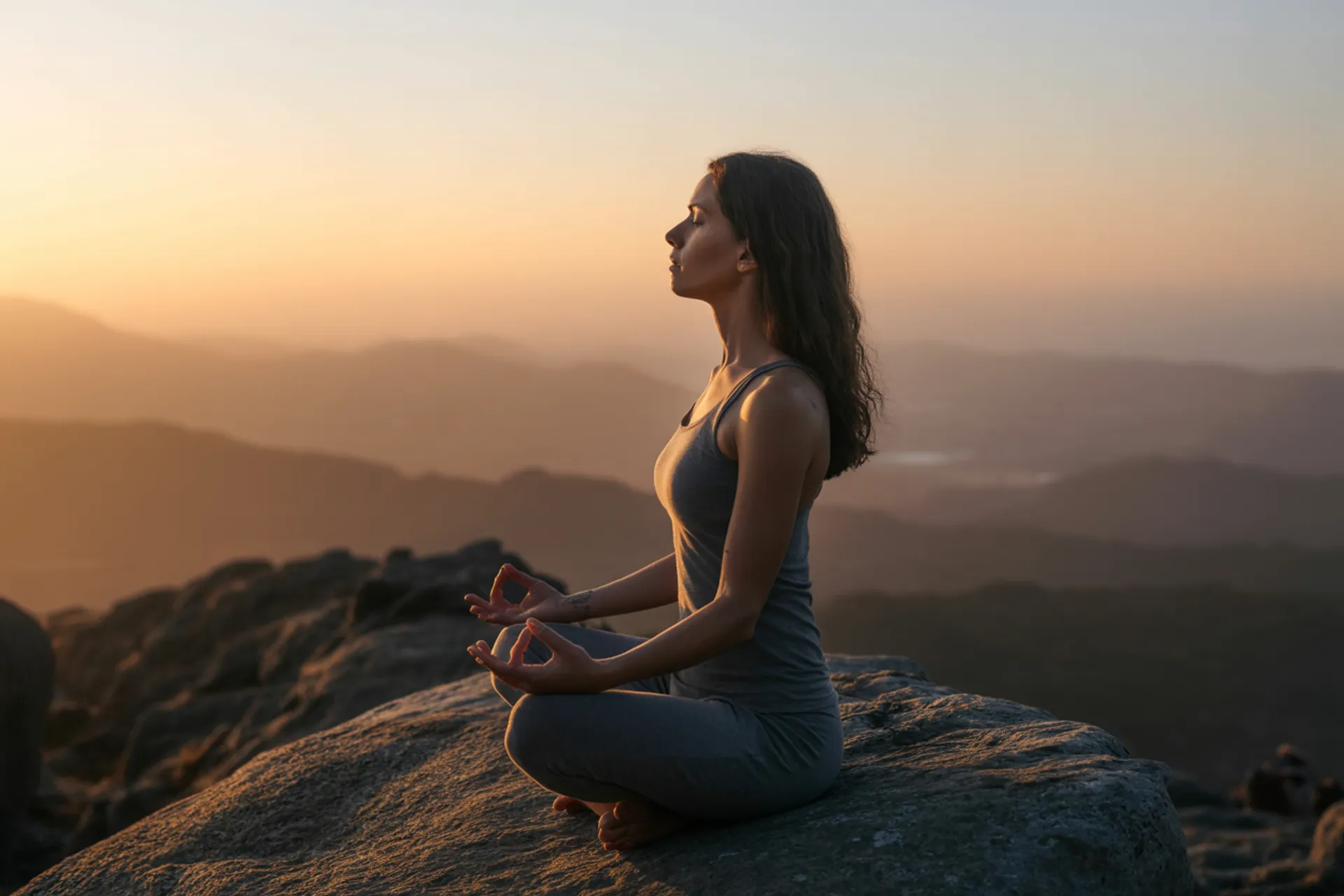 Persona meditando al aire libre con naturaleza de fondo, transmitiendo serenidad y atención plena