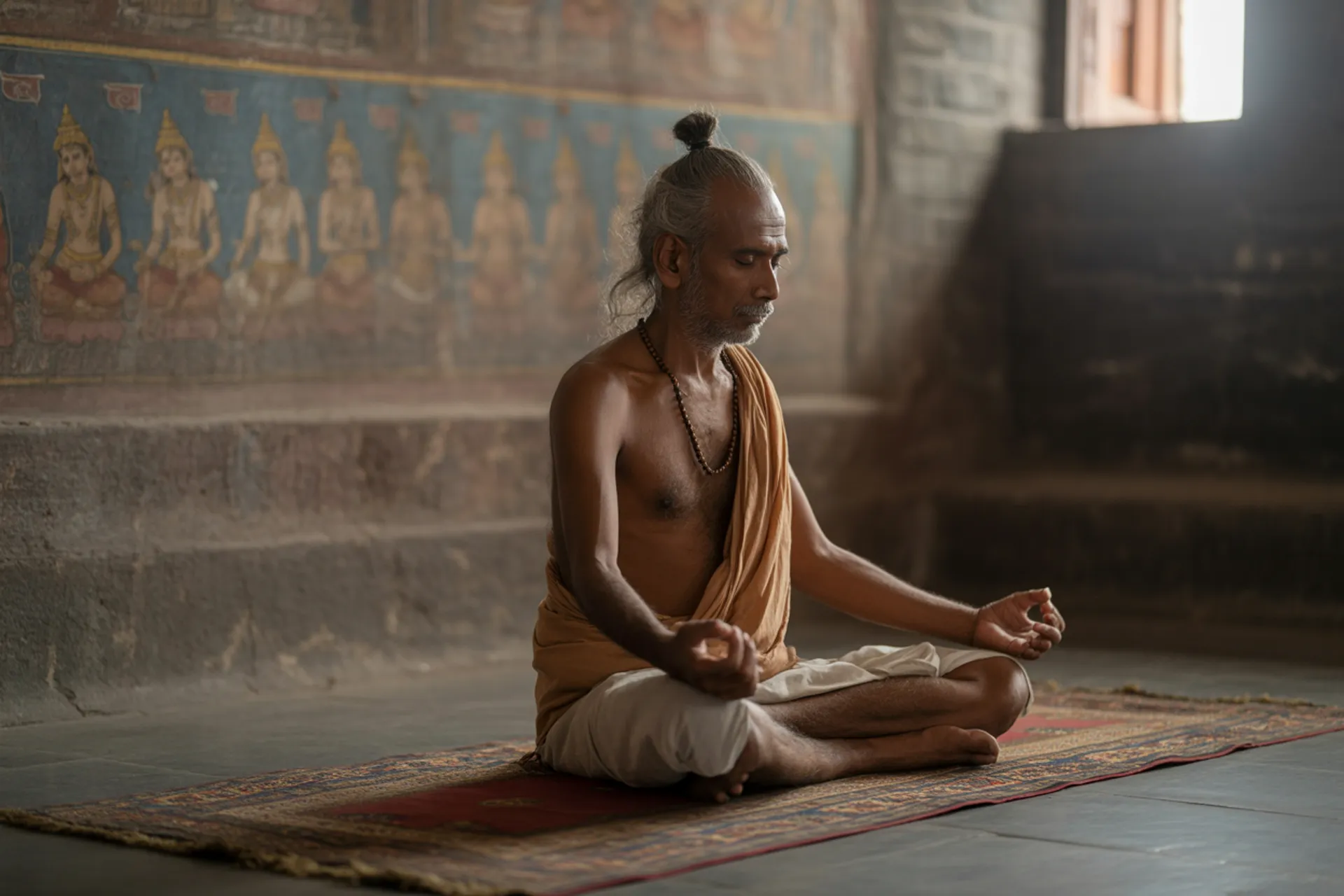 Auténtico yogui de la india meditando profundamente en un templo de la india