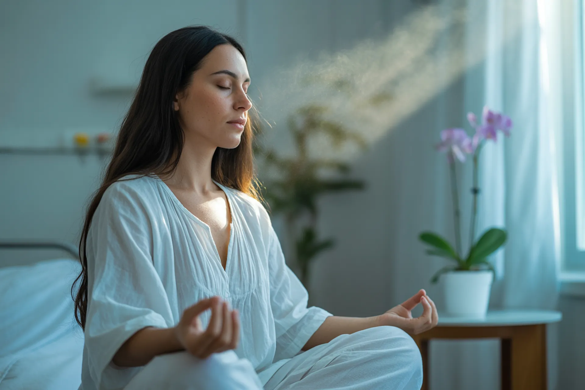 Persona meditando profundamente en un hospital