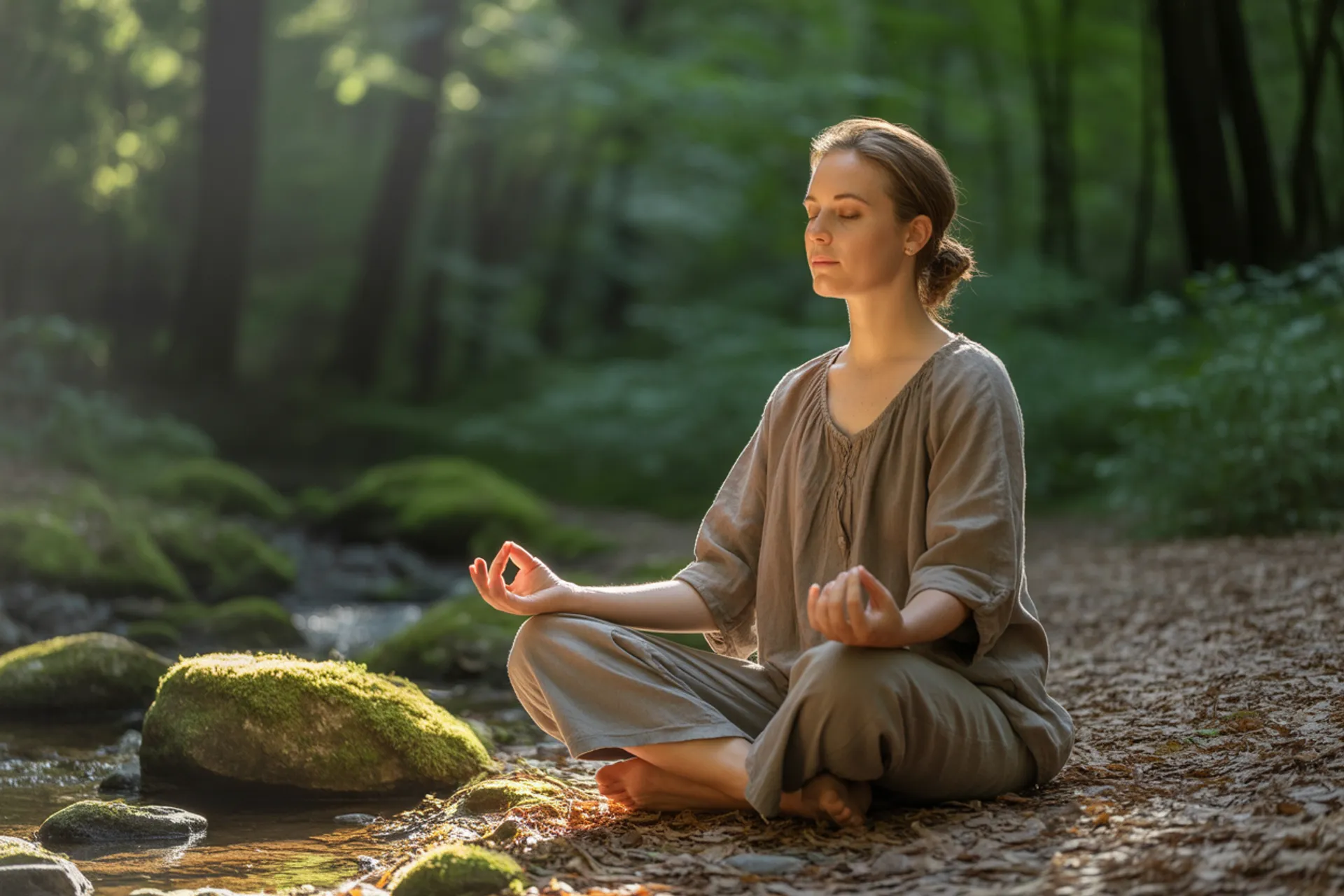 Persona meditando en soledad al amanecer