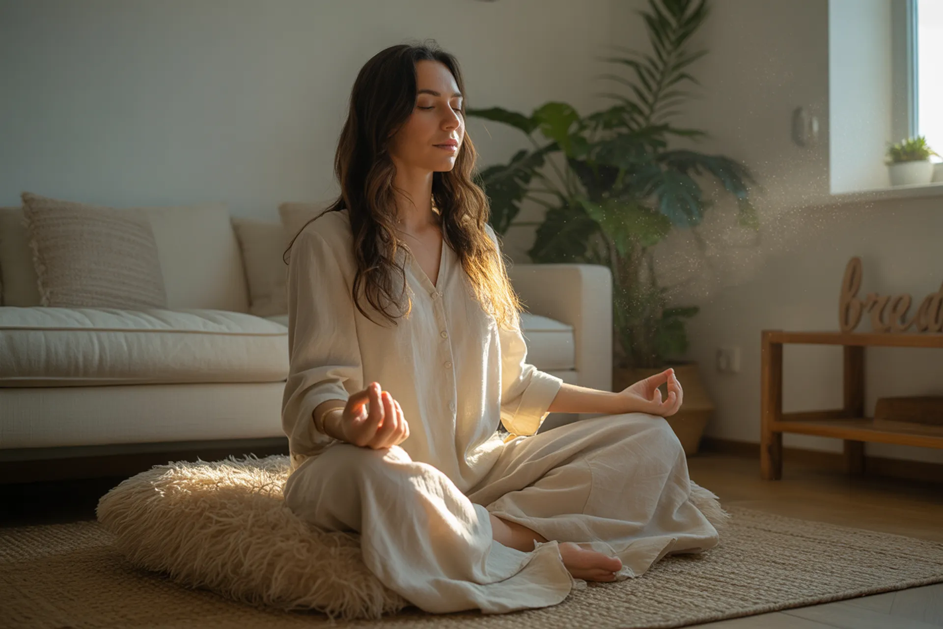 Persona meditando en la naturaleza con el sol saliendo detrás