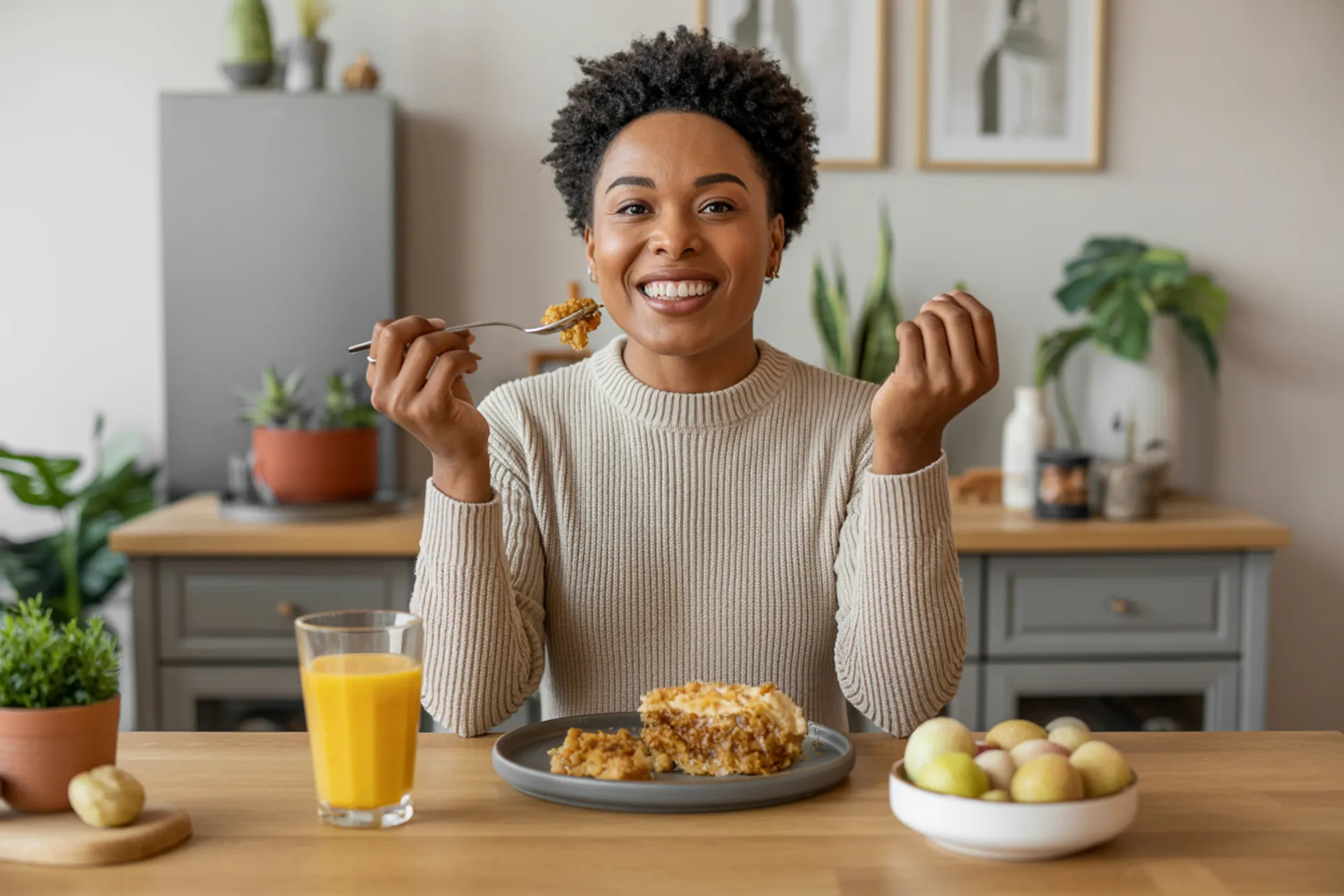 Persona comiendo de forma consciente en una mesa minimalista, rodeada de alimentos saludables